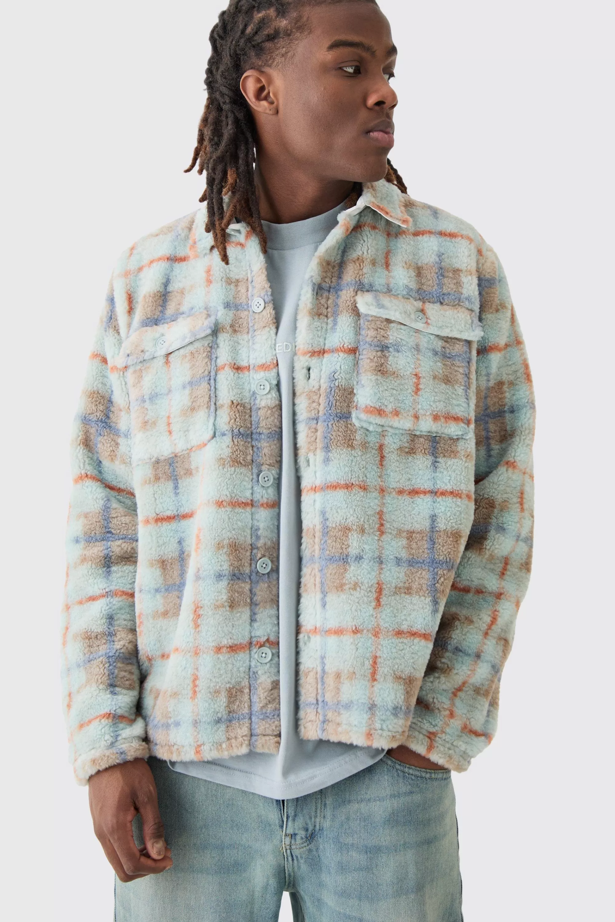 boohooMAN Borg Patch Pocket Tonal Check Overshirt | UK
