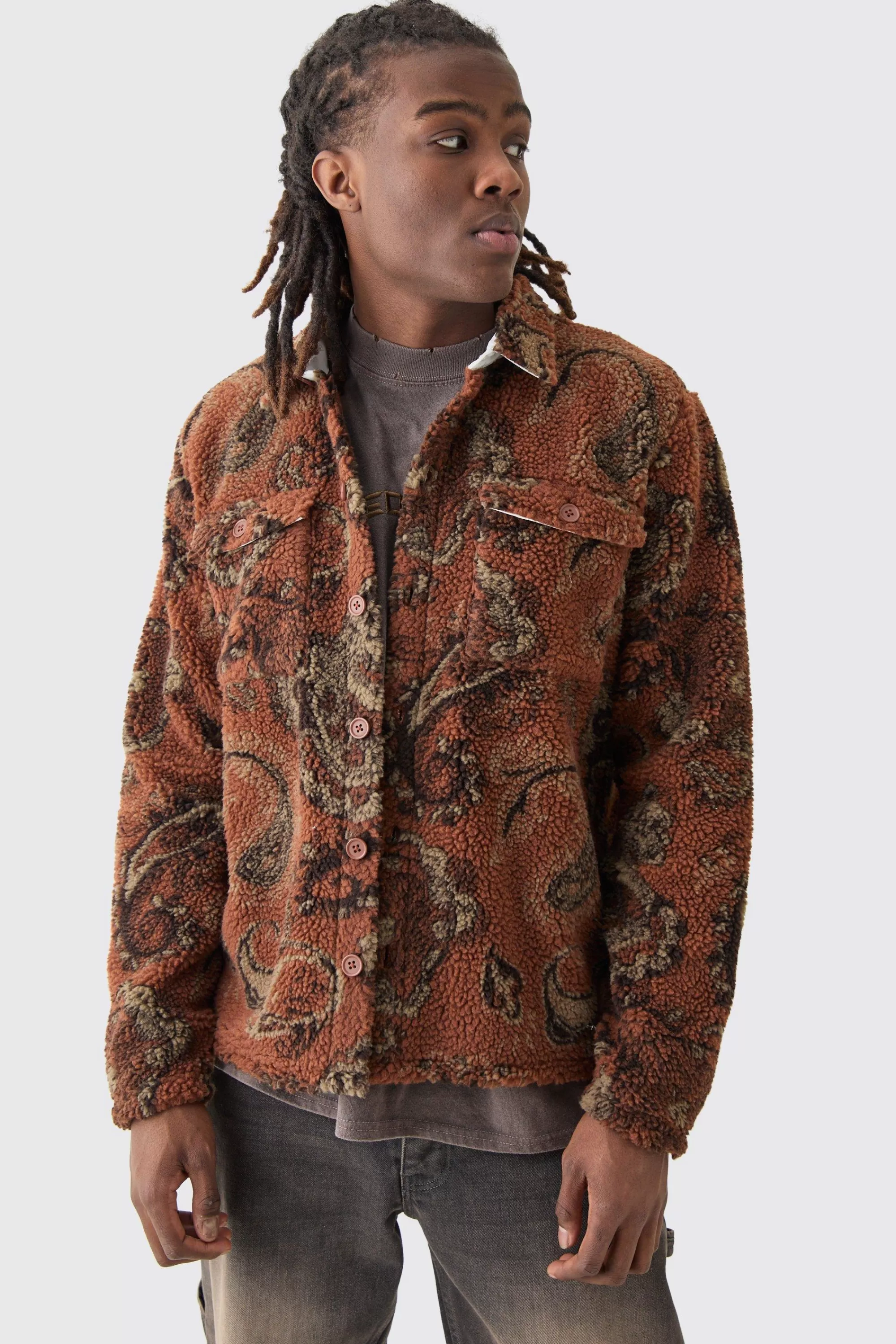 boohooMAN Borg Patch Pocket Tonal Paisley Overshirt | UK