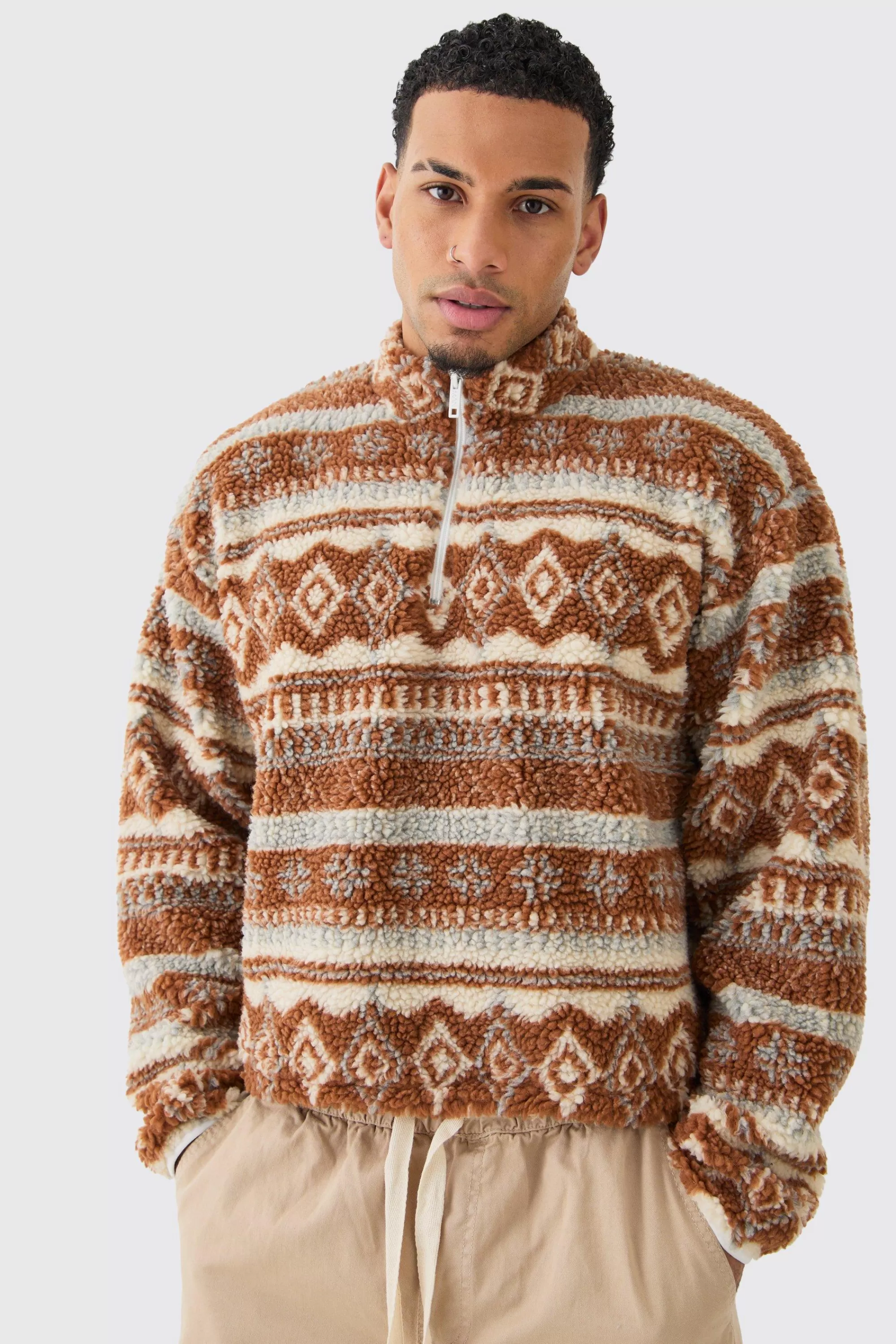 boohooMAN Borg Quarter Zip Aztec Shirt | UK