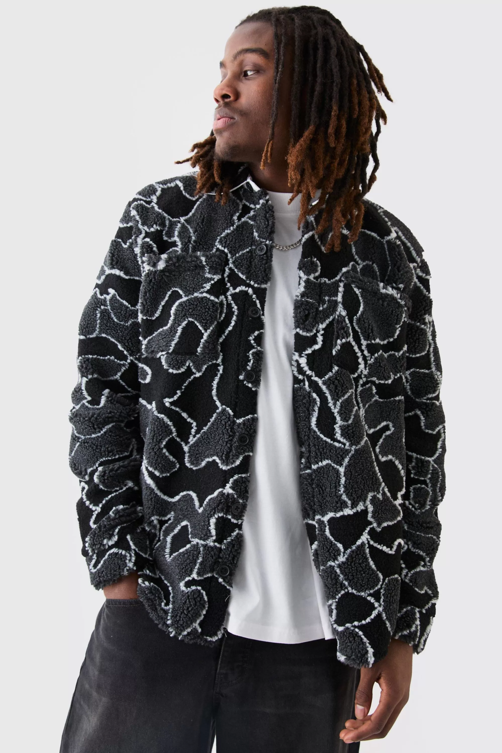 boohooMAN Borg Squiggle Boxy Overshirt | UK