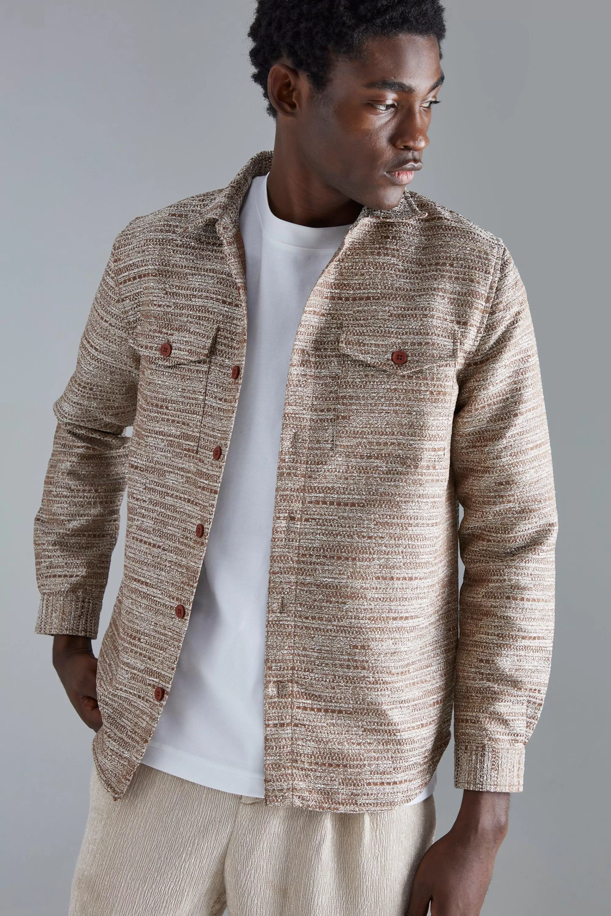 boohooMAN Boucle Heavyweight Patch Pocket Overshirt | UK
