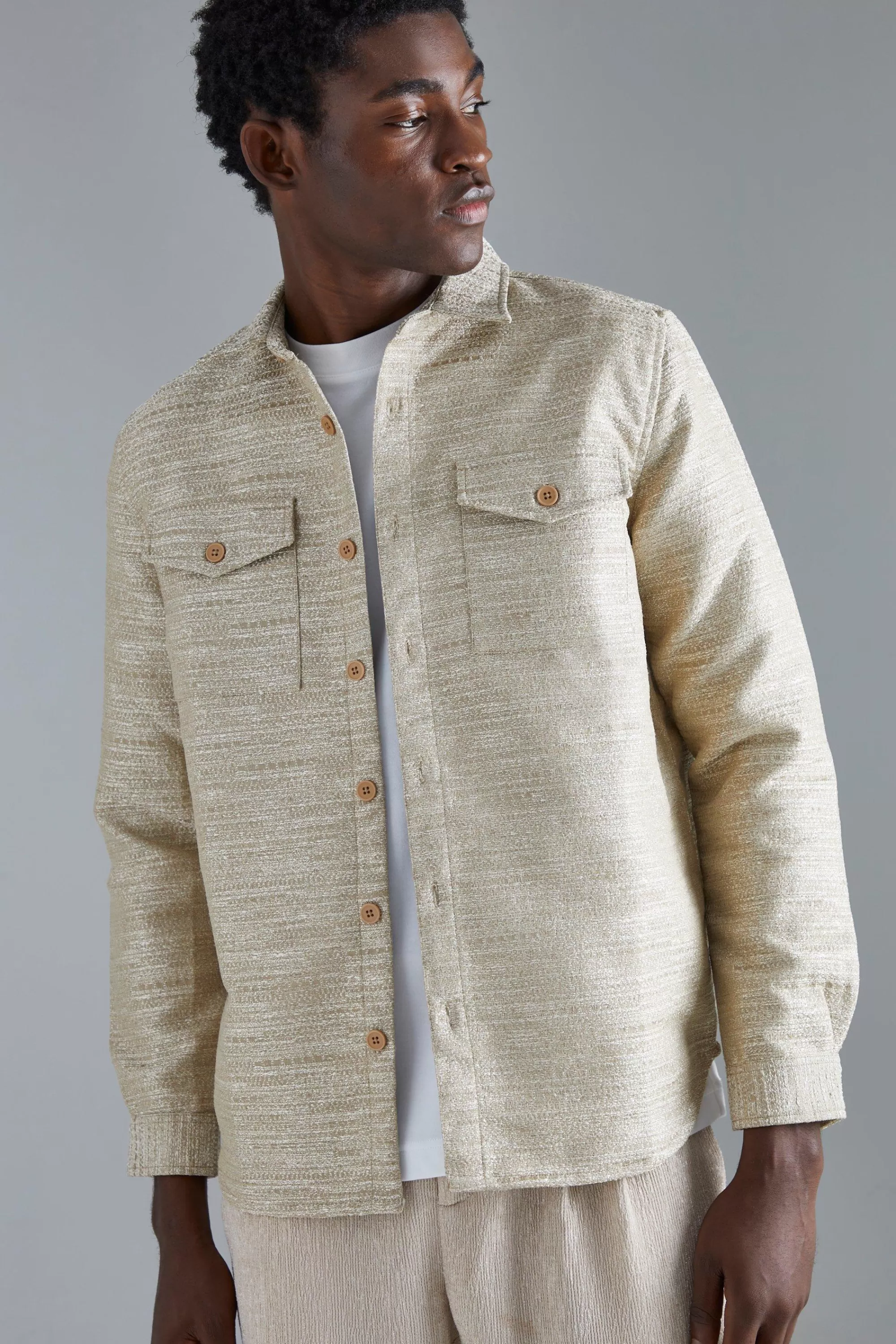 boohooMAN Boucle Heavyweight Patch Pocket Overshirt | UK