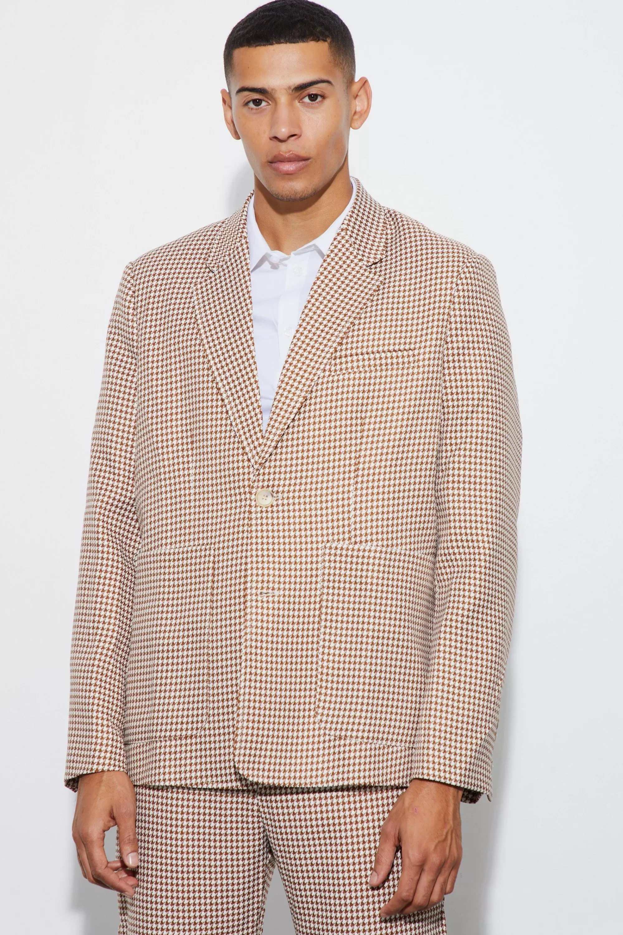 boohooMAN Boucle Houndstooth Oversized Blazer | UK