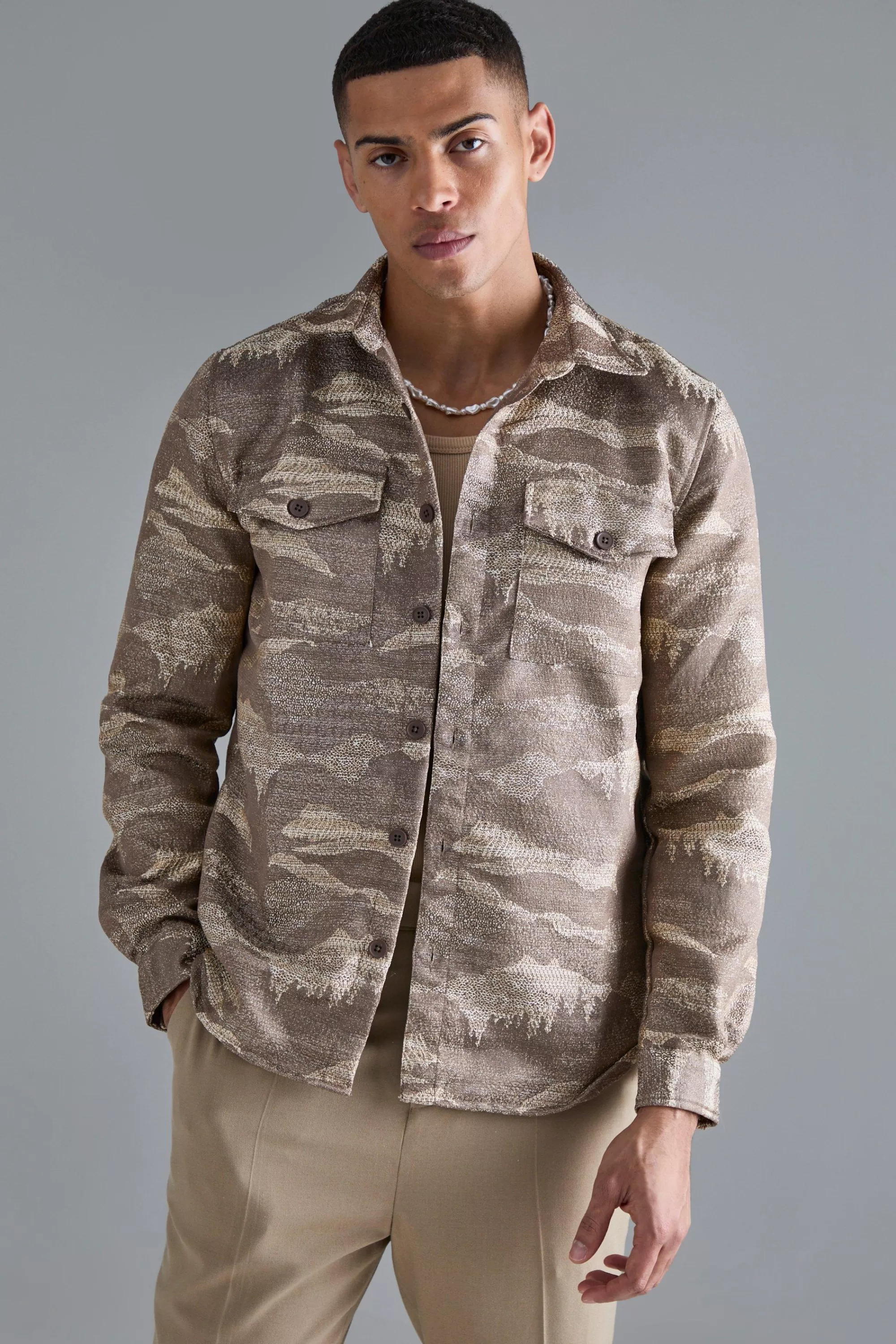 boohooMAN Boucle Tonal Camo Patch Pocket Overshirt | UK
