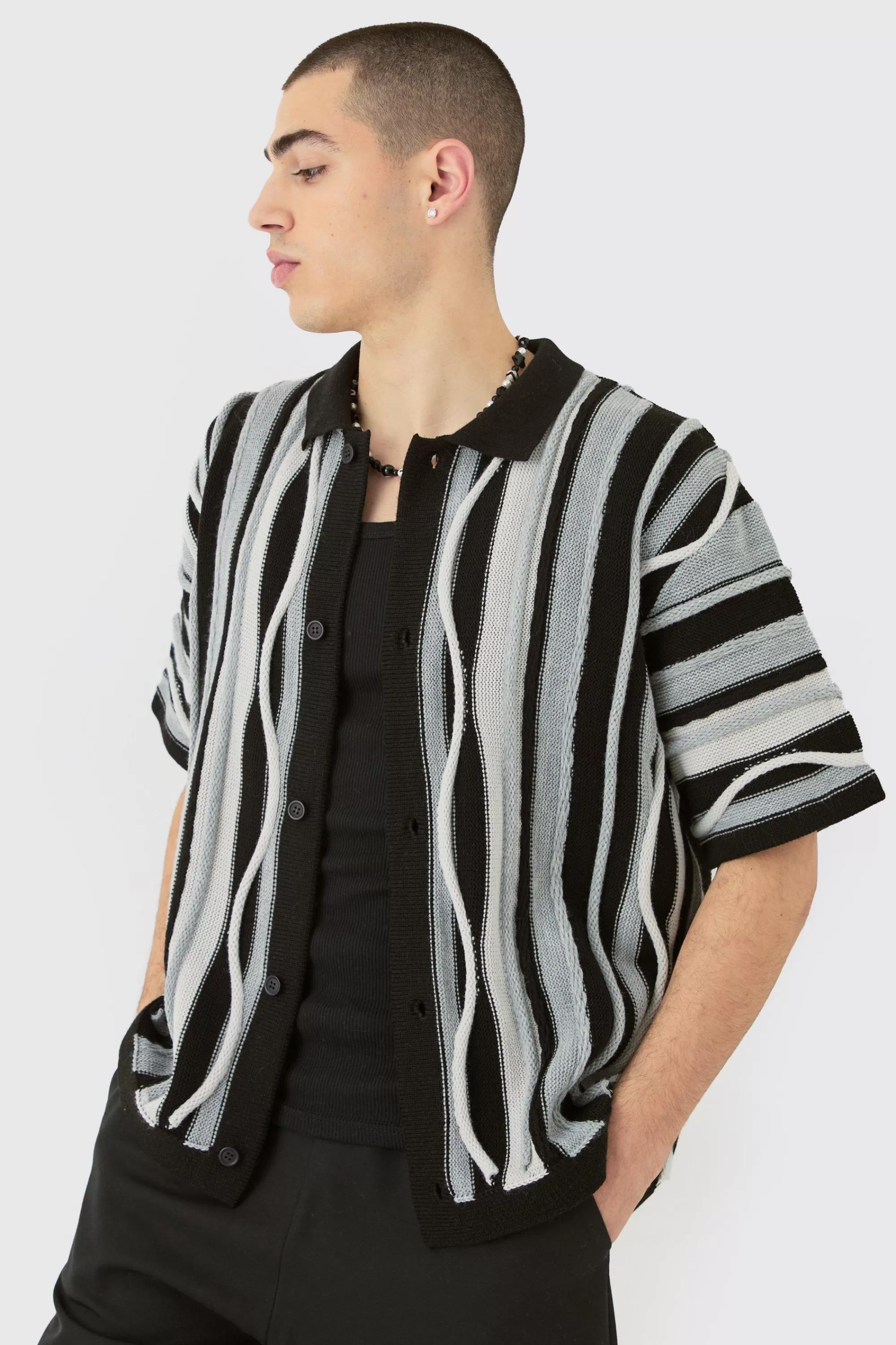 boohooMAN Boxy 3d Jacquard Knit Shirt | UK