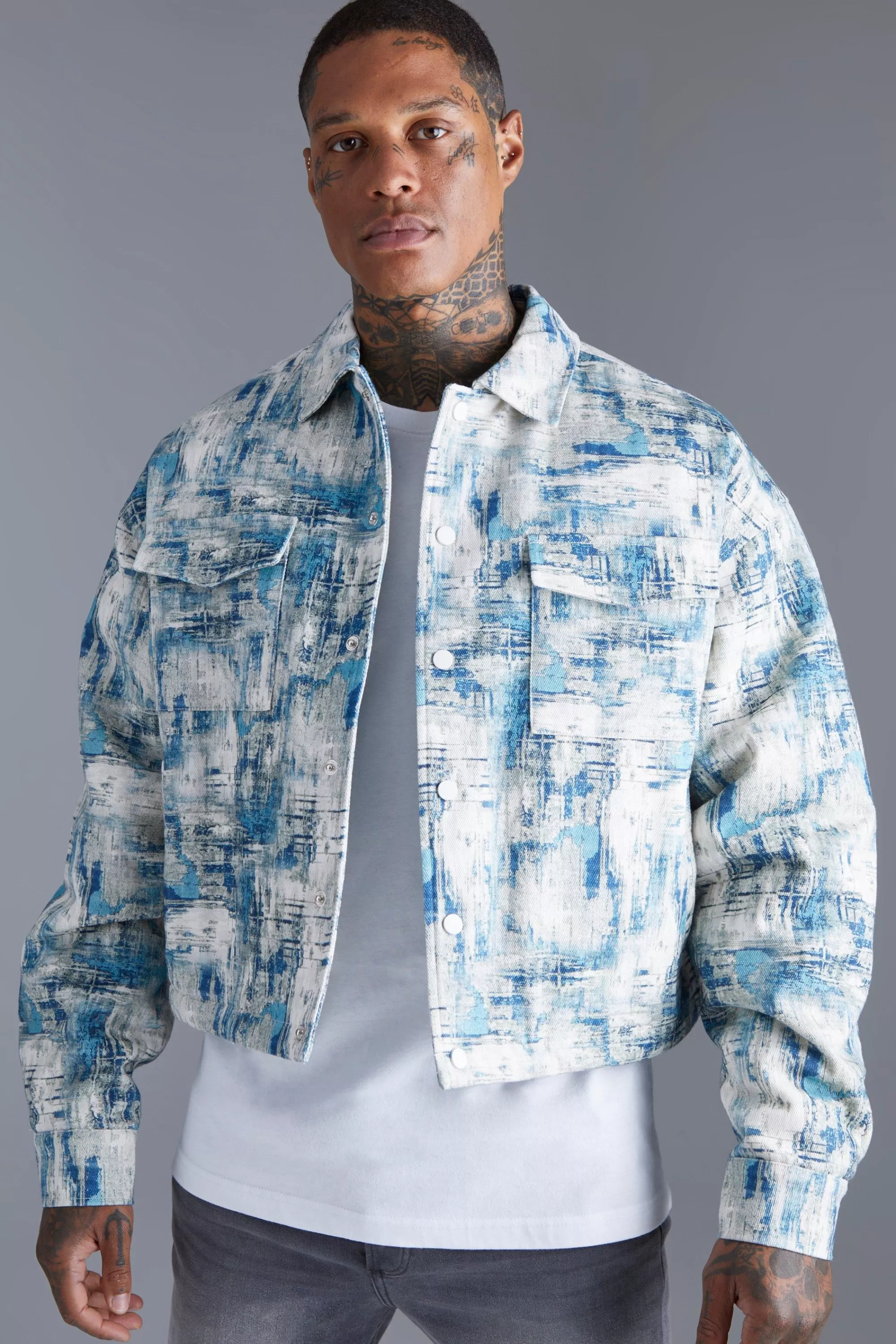 boohooMAN Boxy Abstract Jacquard Harrington | UK