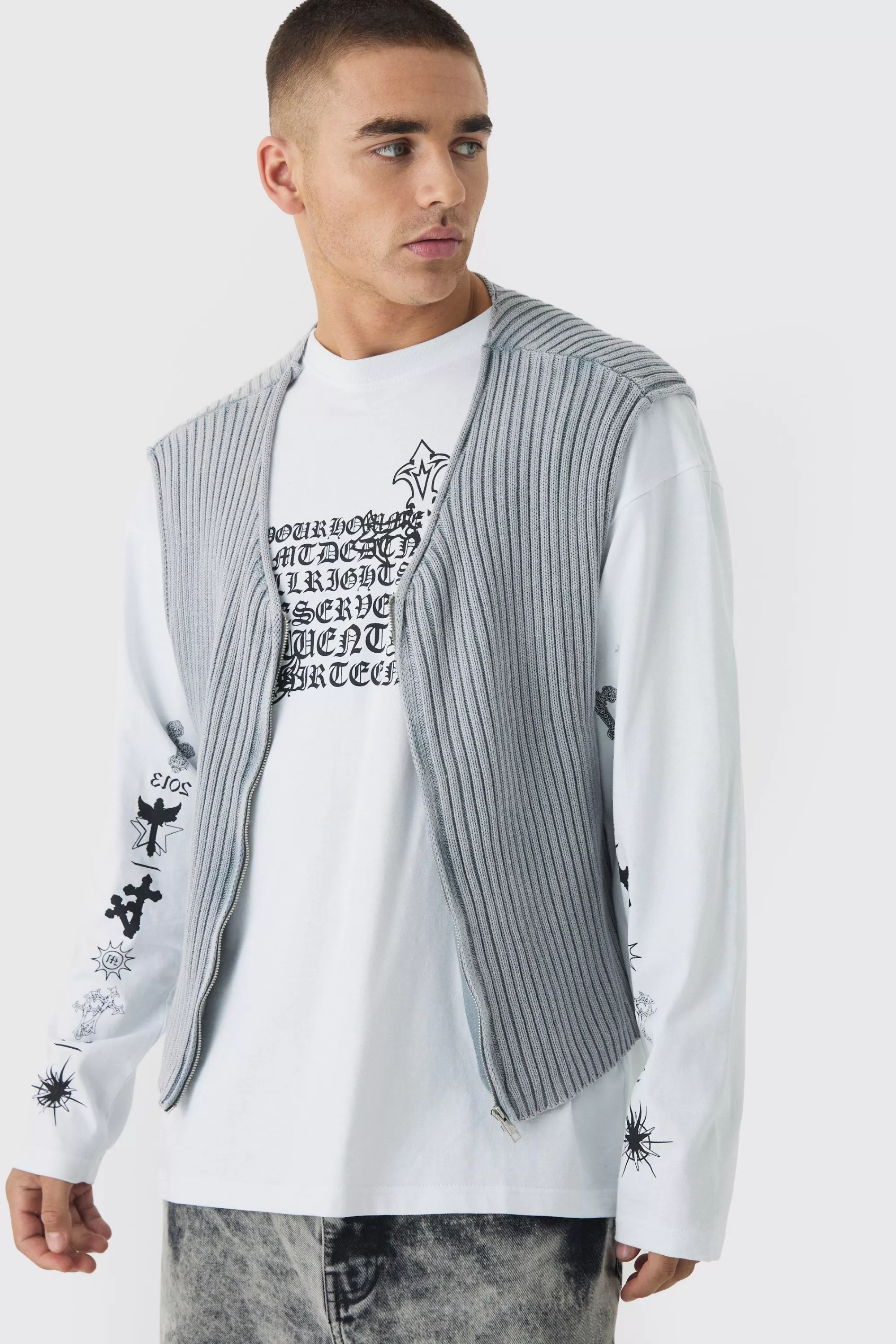 boohooMAN Boxy Acid Wash Ribbed Knit Gilet In | UK