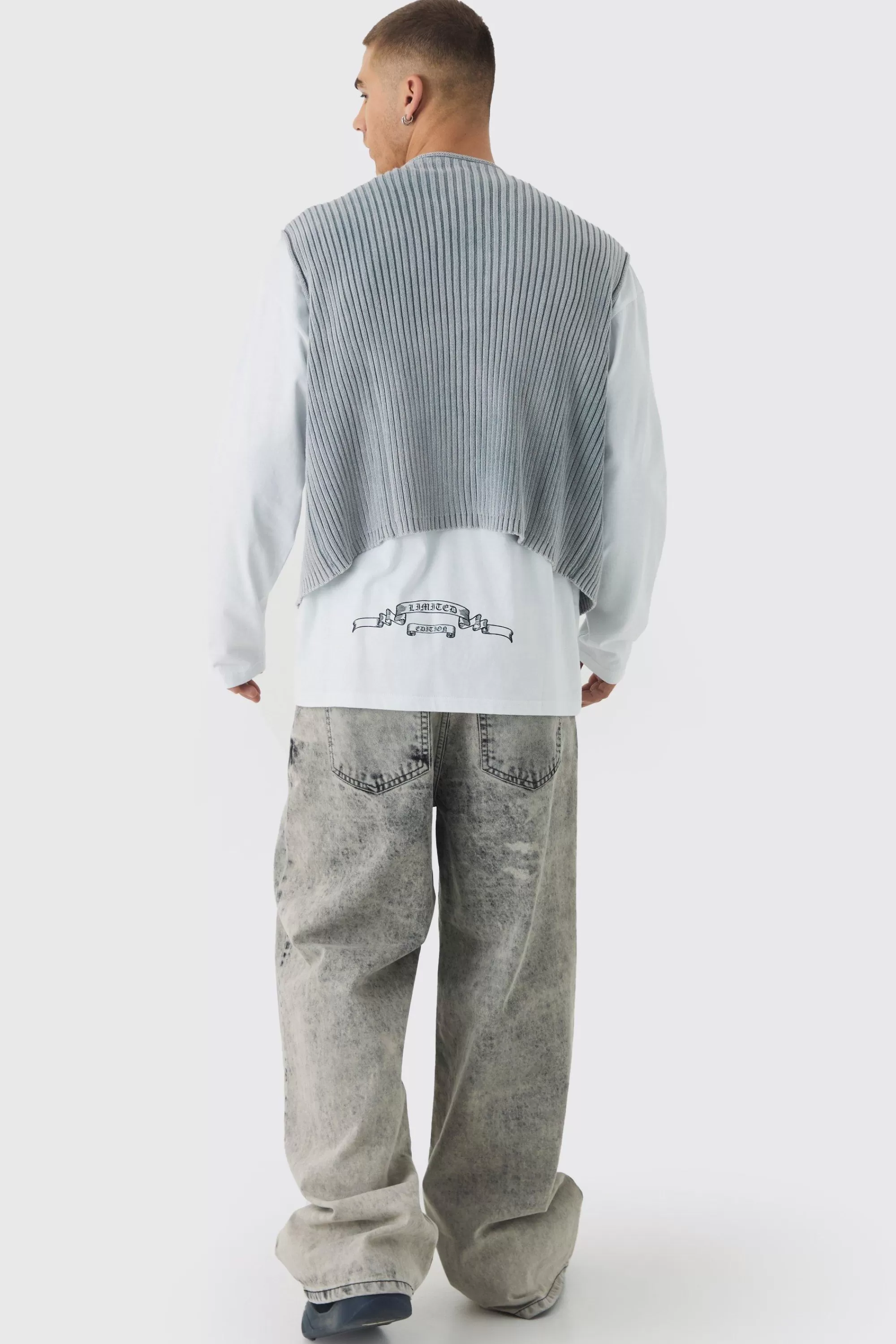 boohooMAN Boxy Acid Wash Ribbed Knit Gilet In | UK