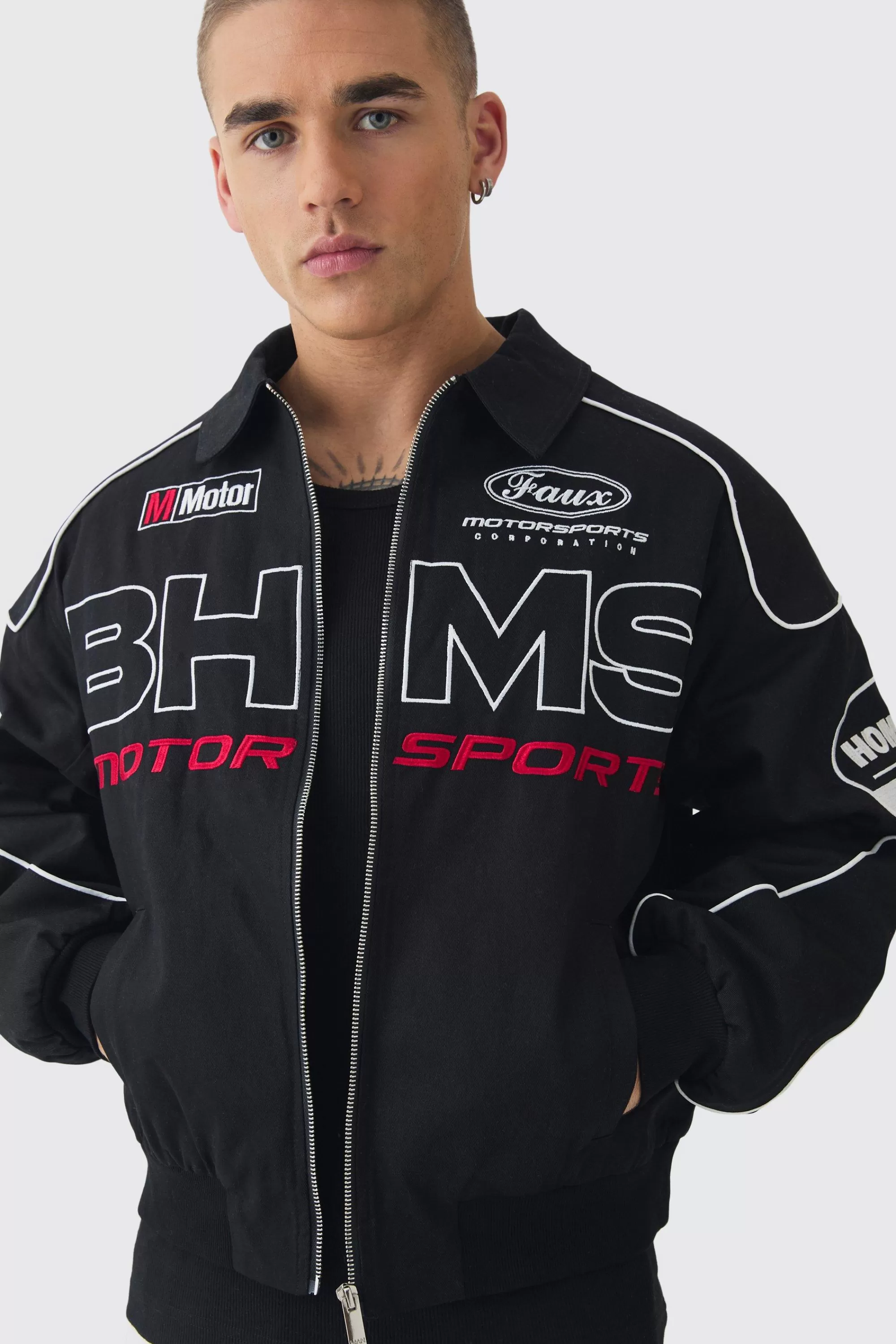 boohooMAN Boxy Badge Twill Moto Jacket In | UK