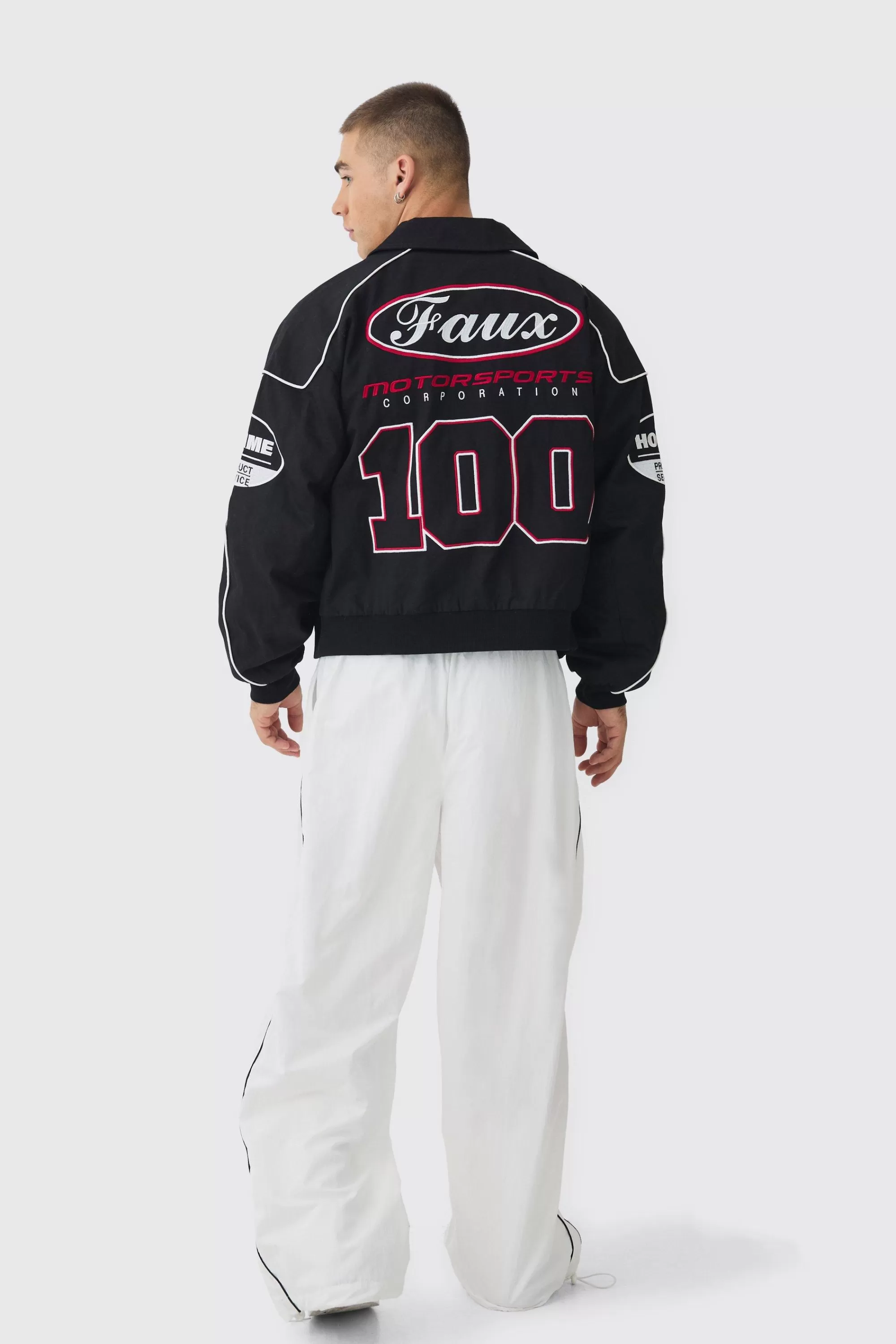 boohooMAN Boxy Badge Twill Moto Jacket In | UK