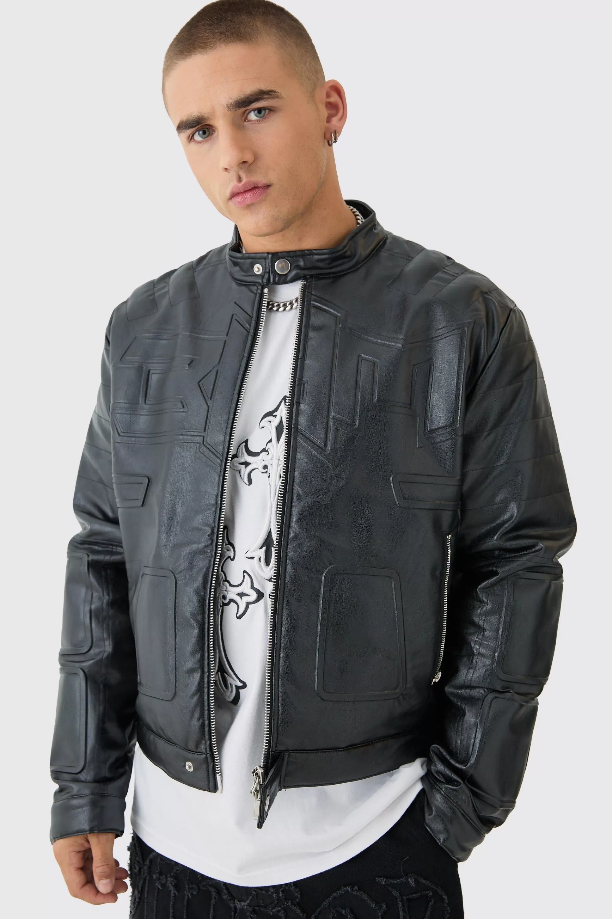 boohooMAN Boxy BHM Tonal Pu Moto Jacket In | UK