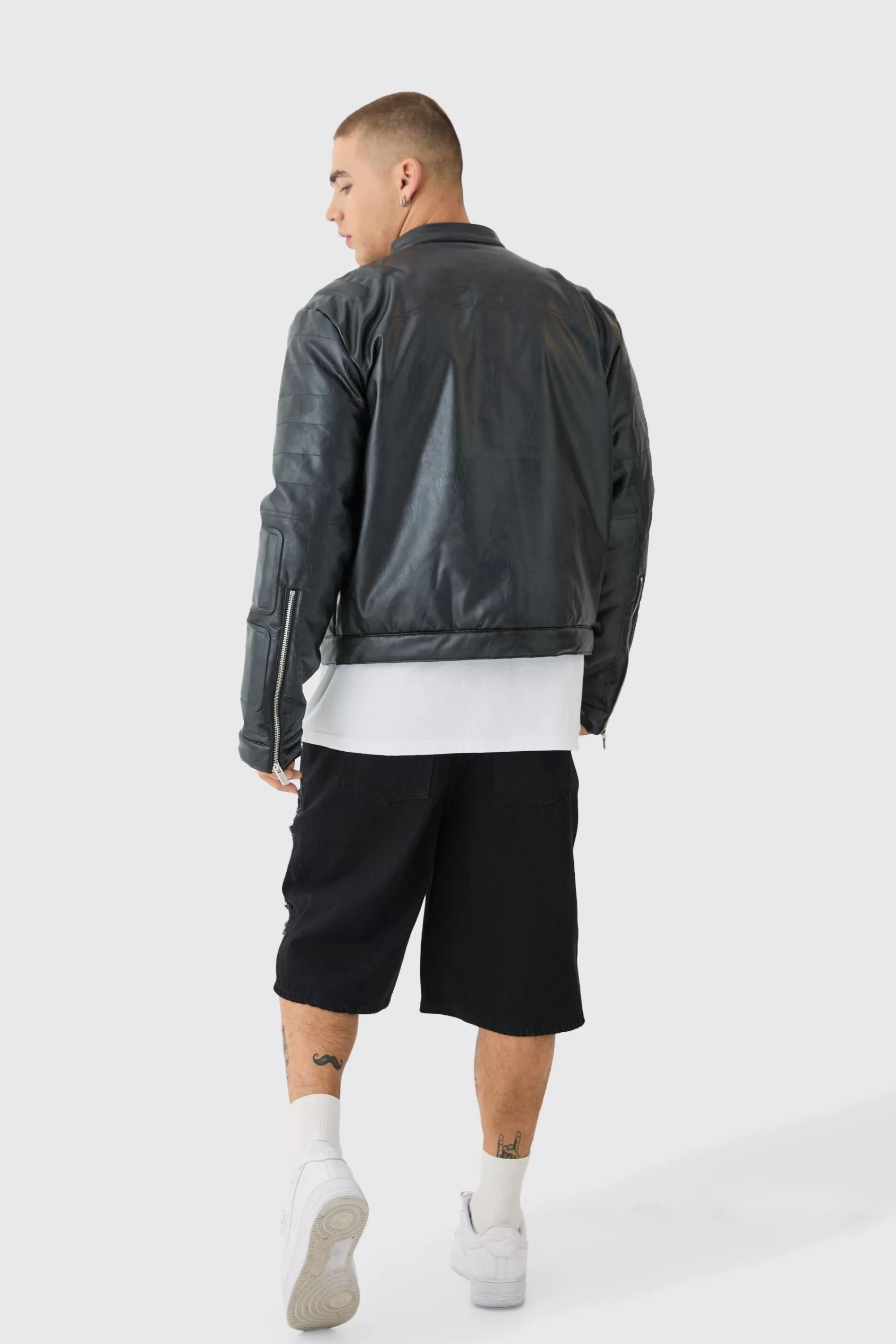 boohooMAN Boxy BHM Tonal Pu Moto Jacket In | UK