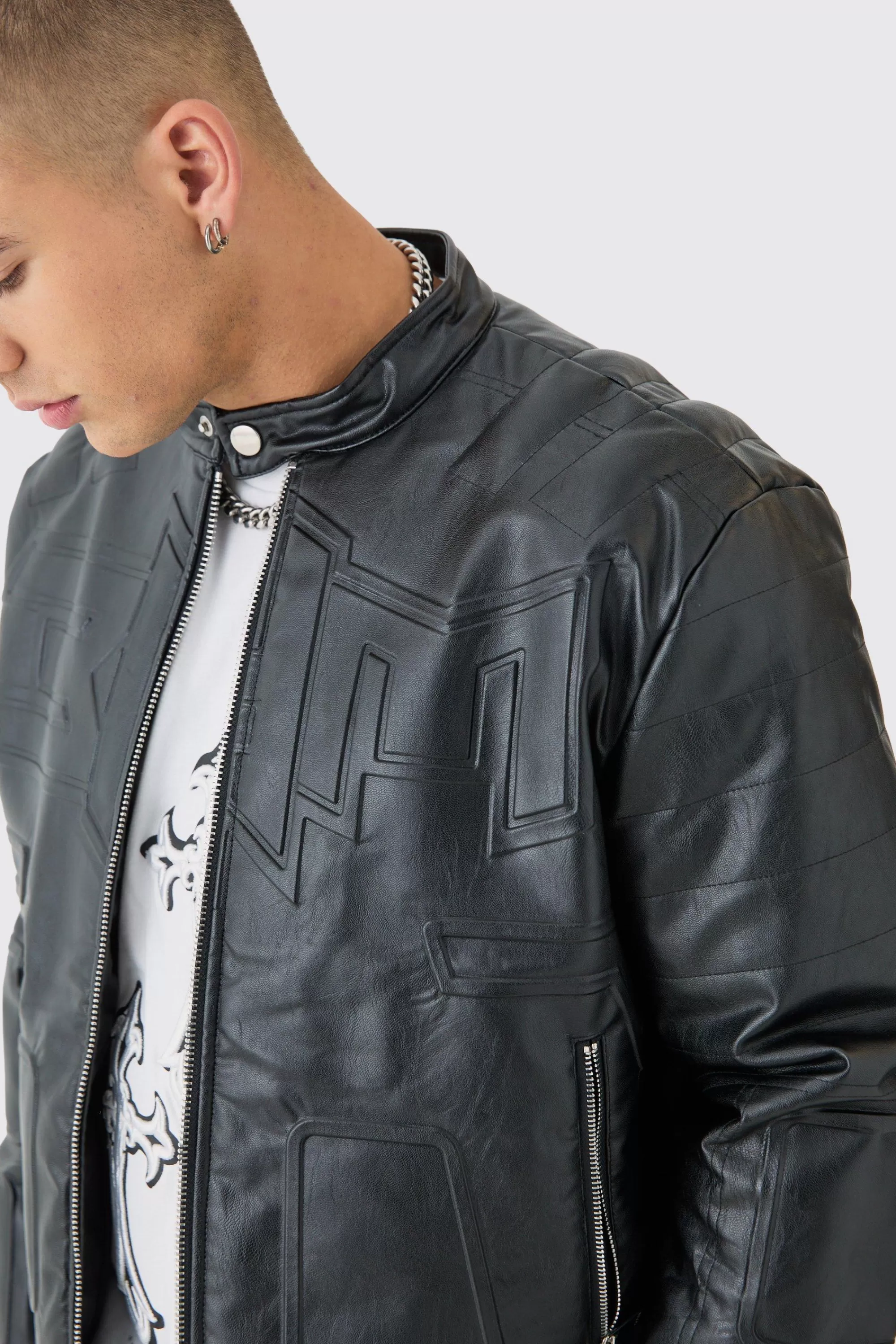 boohooMAN Boxy BHM Tonal Pu Moto Jacket In | UK
