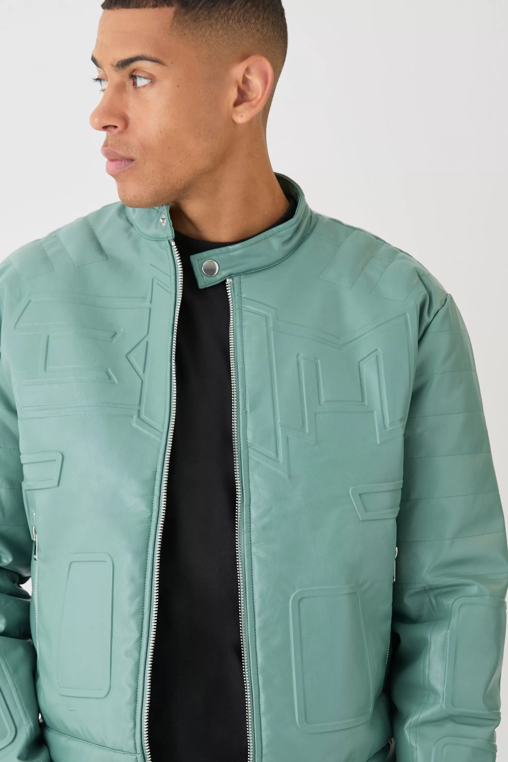 boohooMAN Boxy BHM Tonal Pu Moto Jacket In | UK