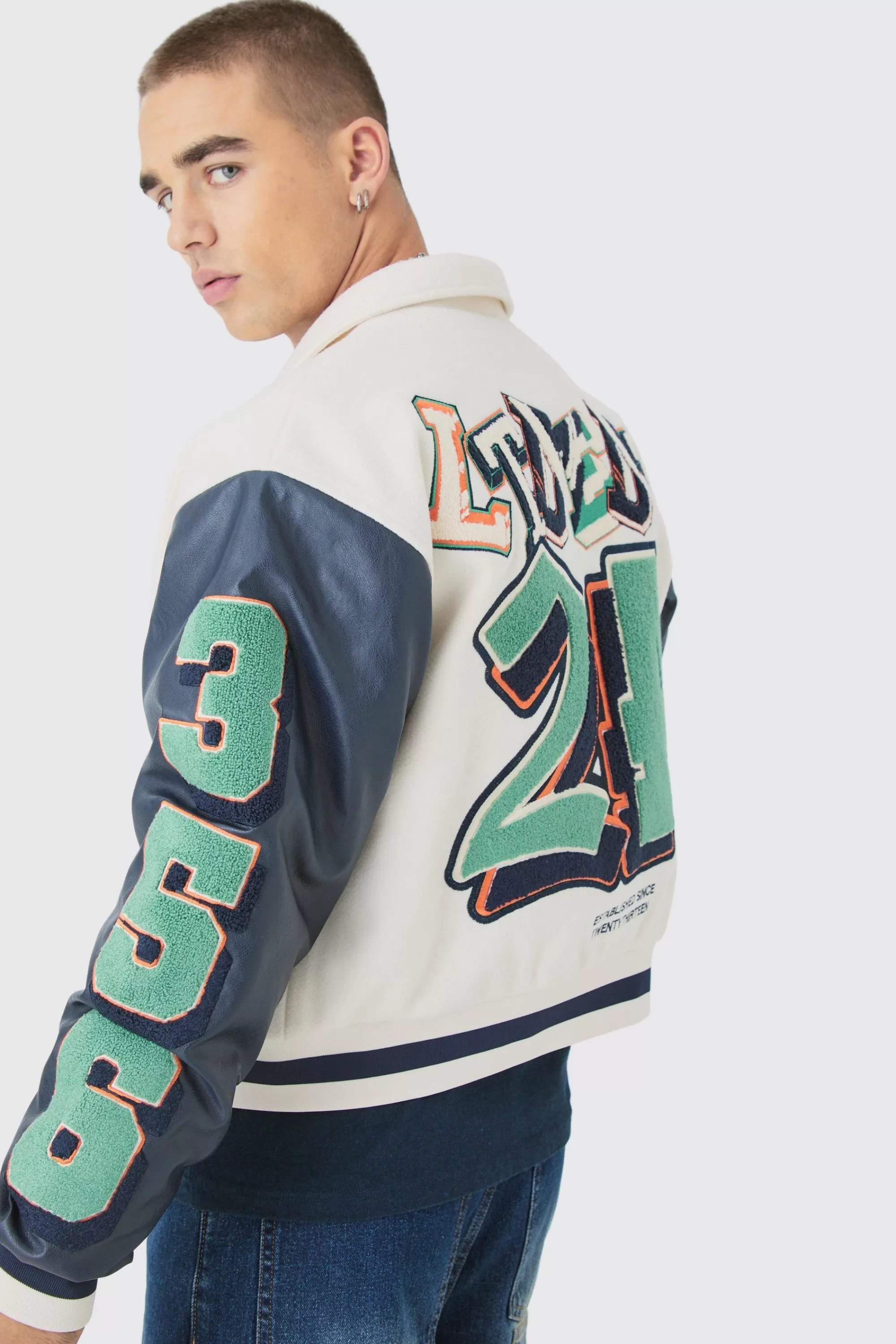 boohooMAN Boxy BM Badge Collared Varsity Jacket In | UK