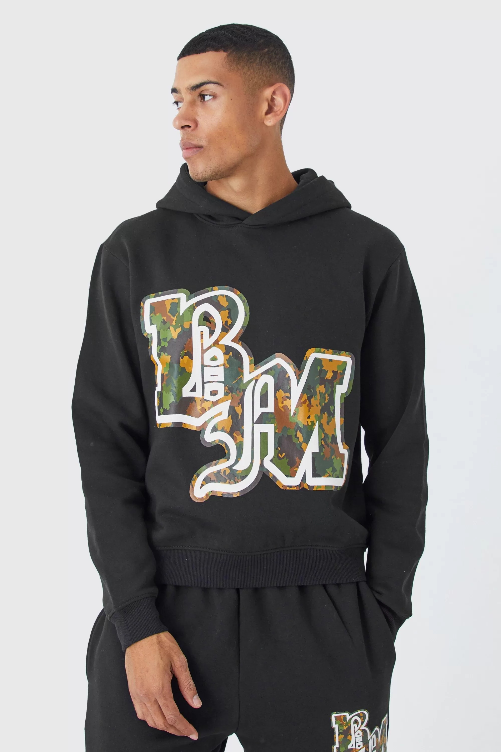 boohooMAN Boxy Bm Camo Print Hoodie | UK