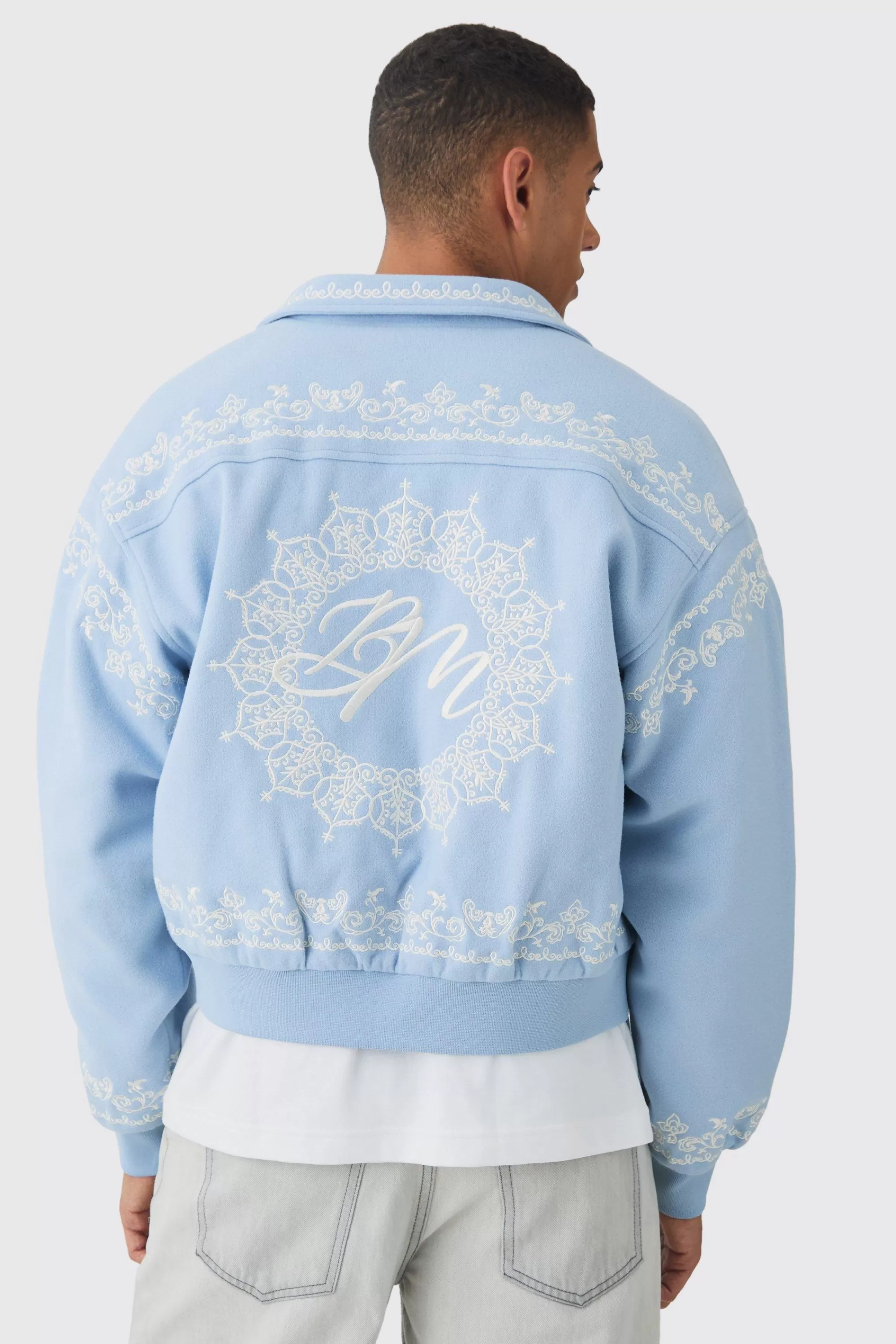 boohooMAN Boxy Bm Embroidered Collared Bomber Jacket In Blue | UK