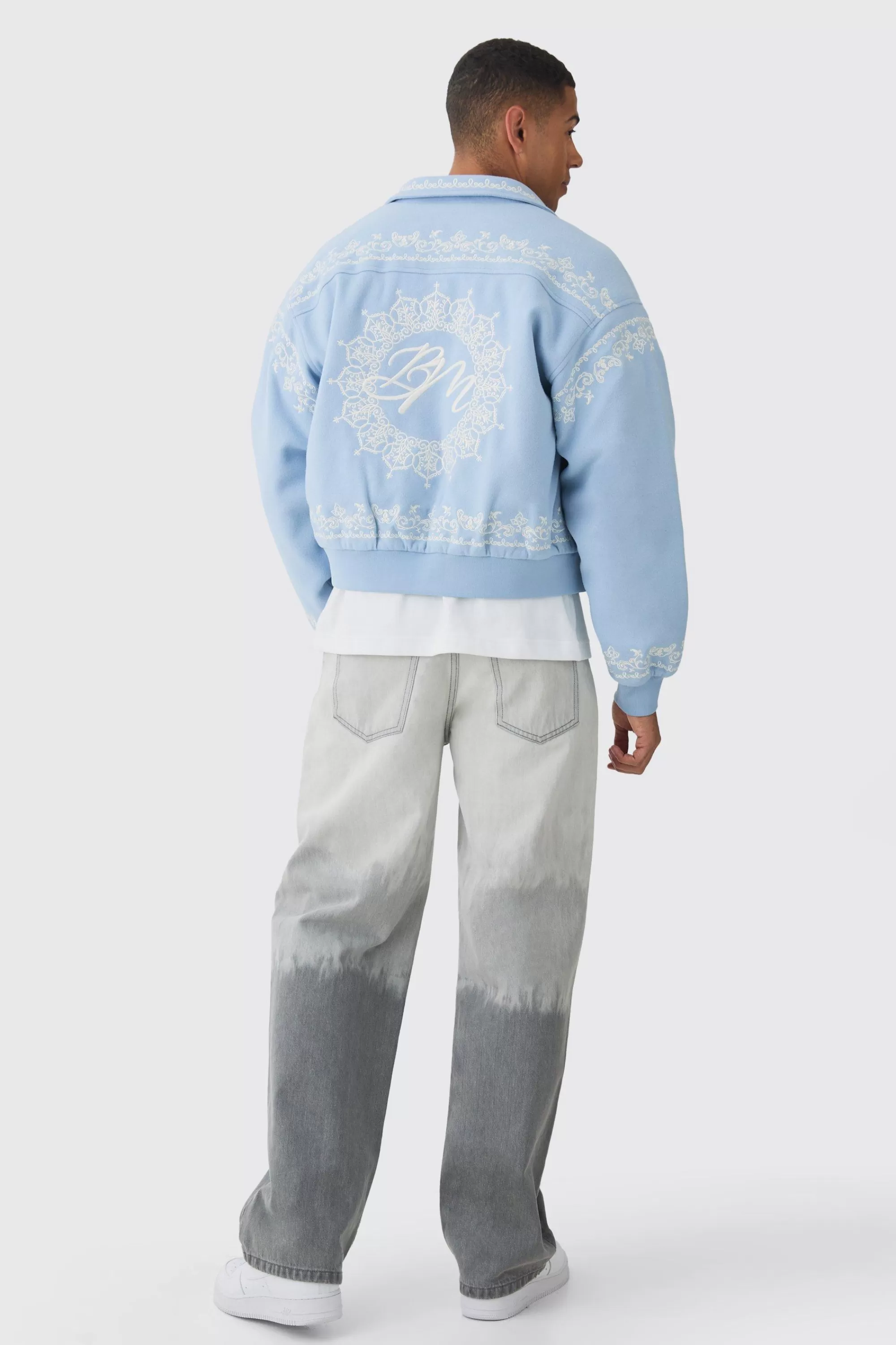 boohooMAN Boxy Bm Embroidered Collared Bomber Jacket In Blue | UK