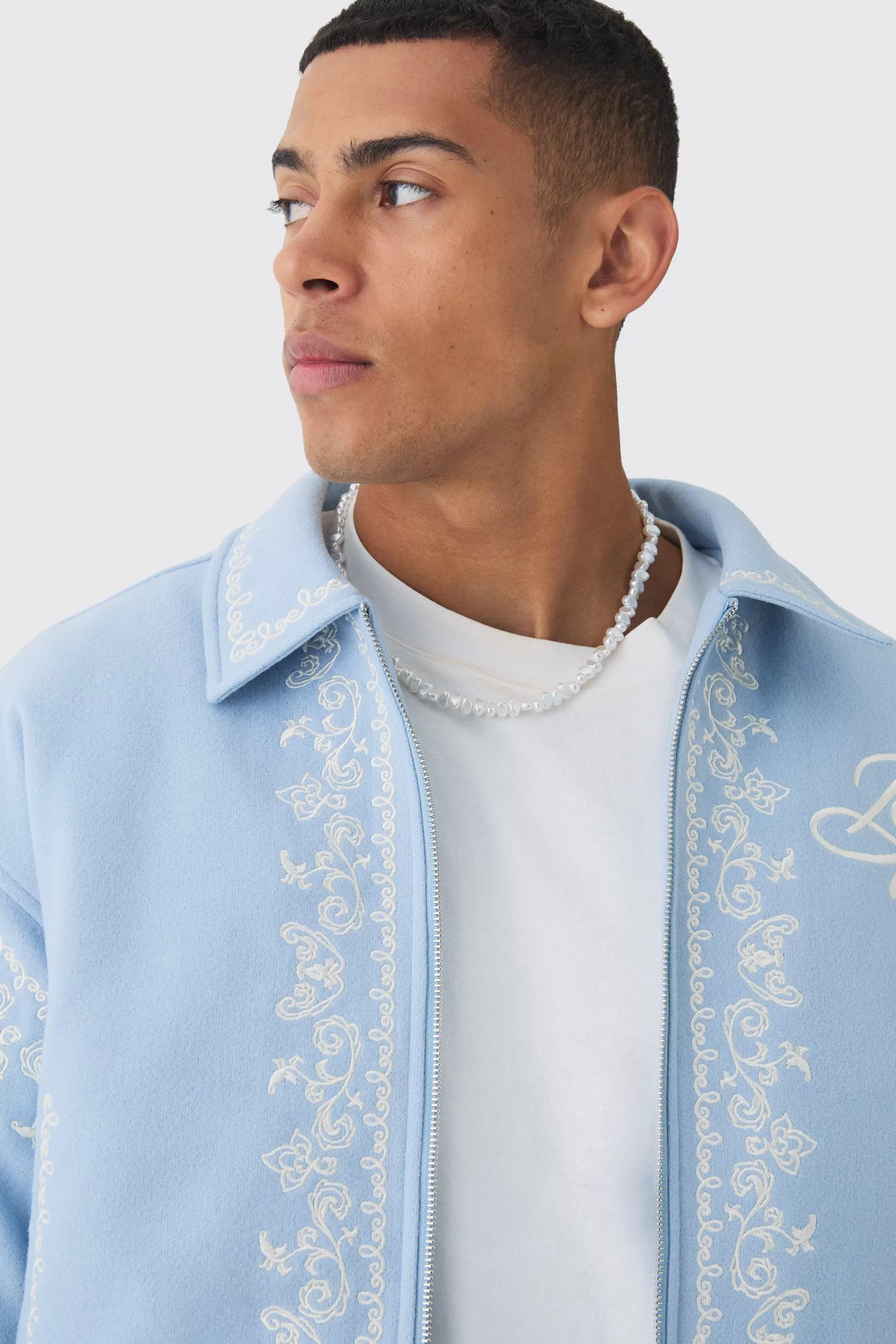 boohooMAN Boxy Bm Embroidered Collared Bomber Jacket In Blue | UK