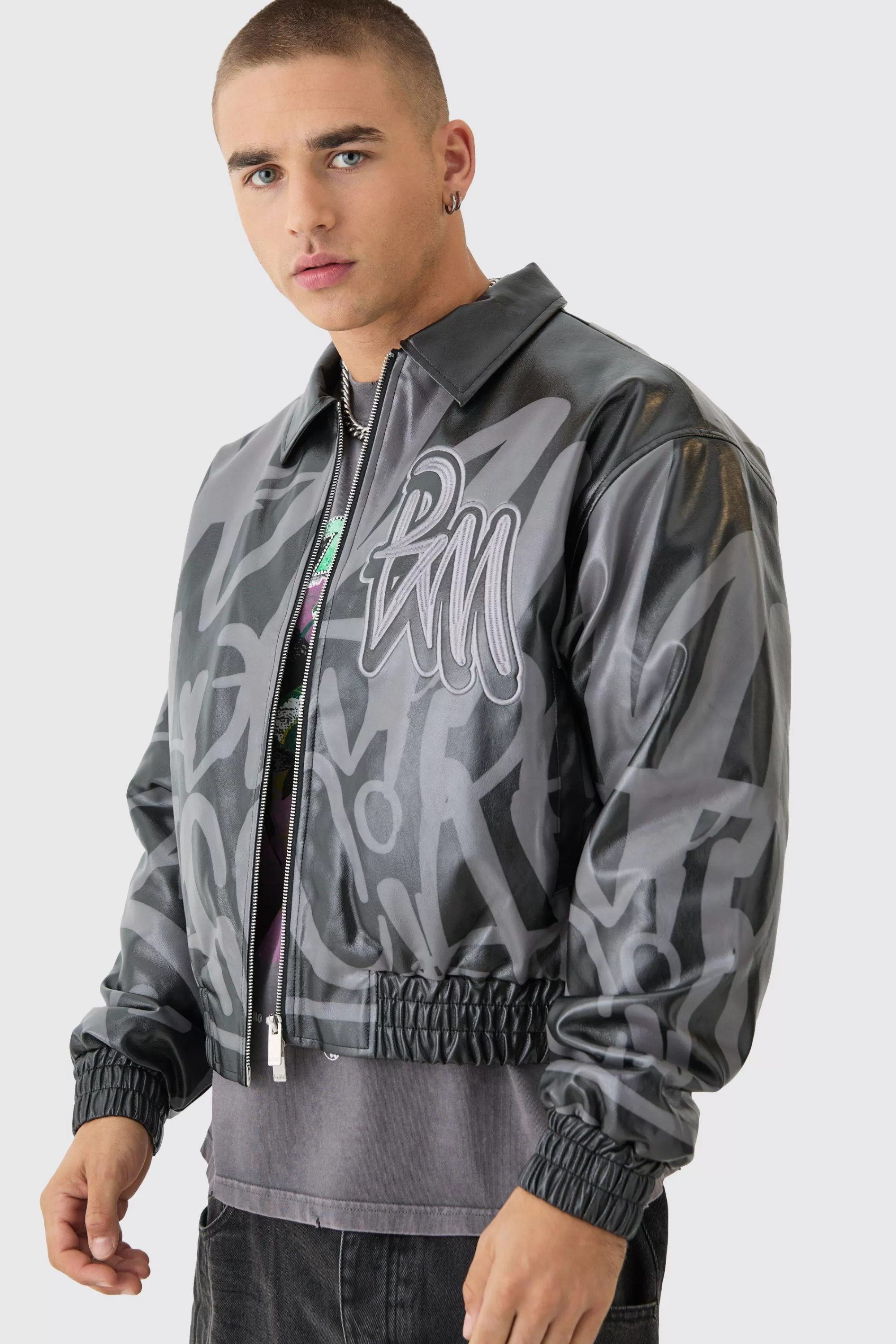 boohooMAN Boxy Bm Printed Collared Bomber Jacket In | UK