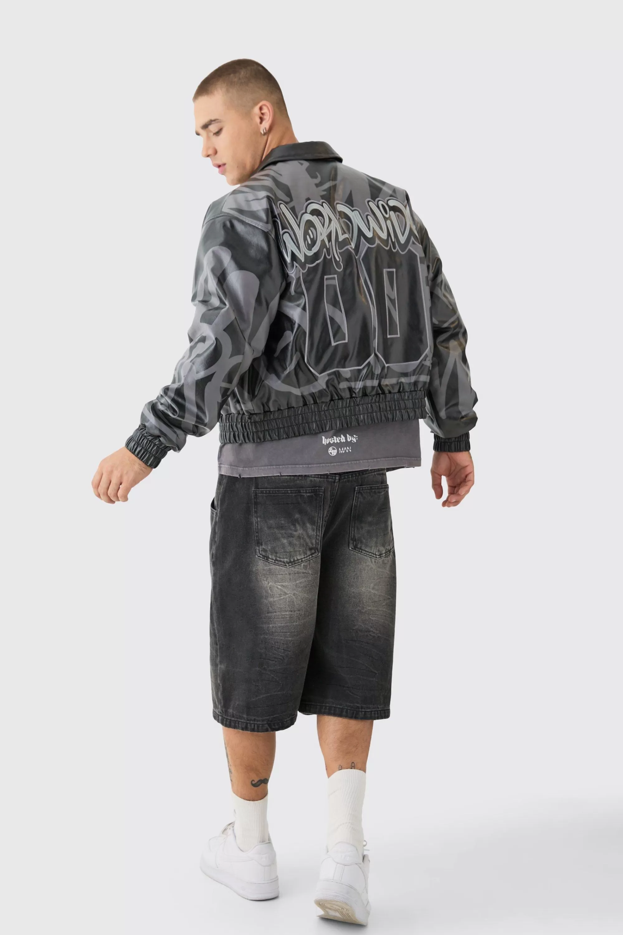 boohooMAN Boxy Bm Printed Collared Bomber Jacket In | UK