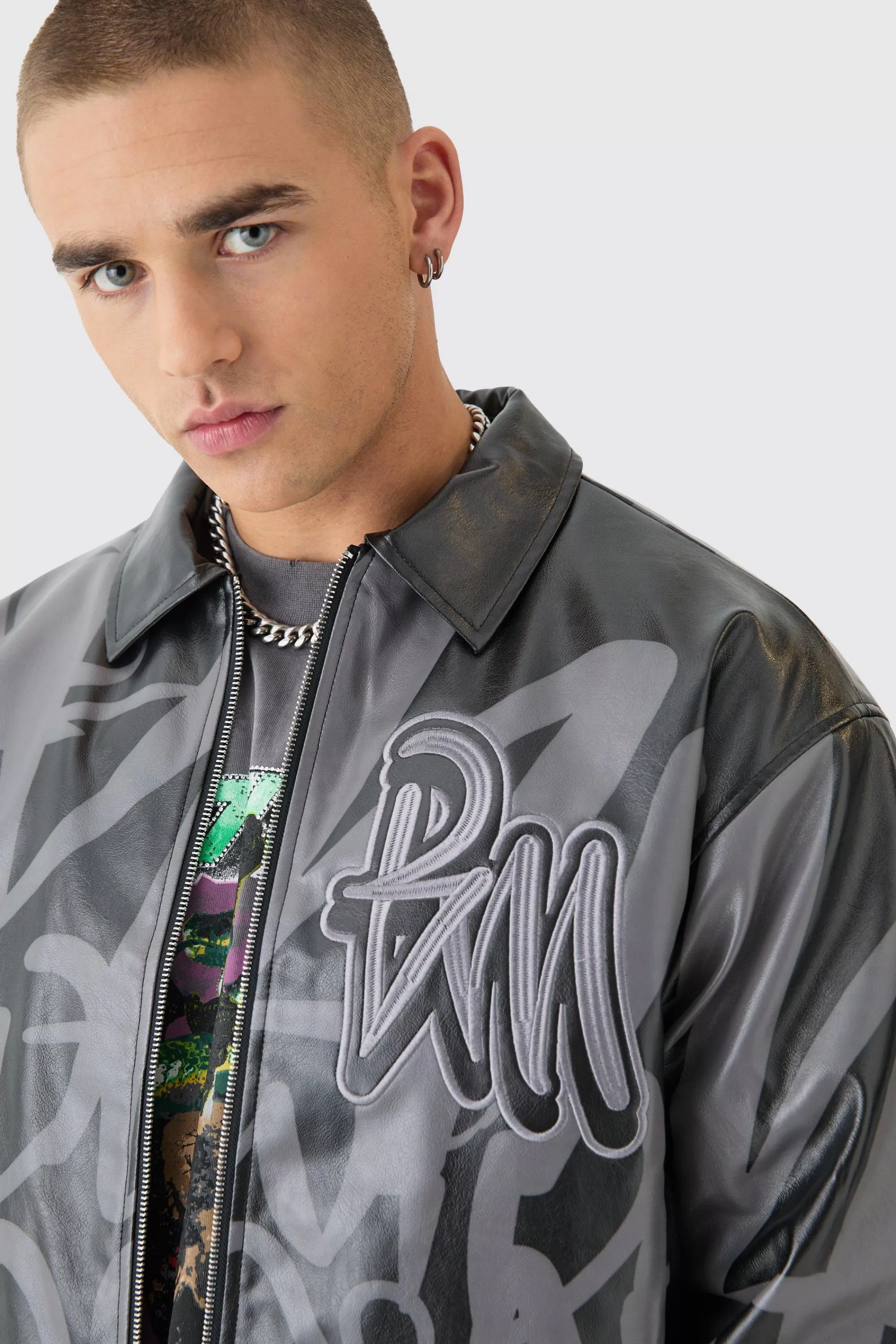 boohooMAN Boxy Bm Printed Collared Bomber Jacket In | UK