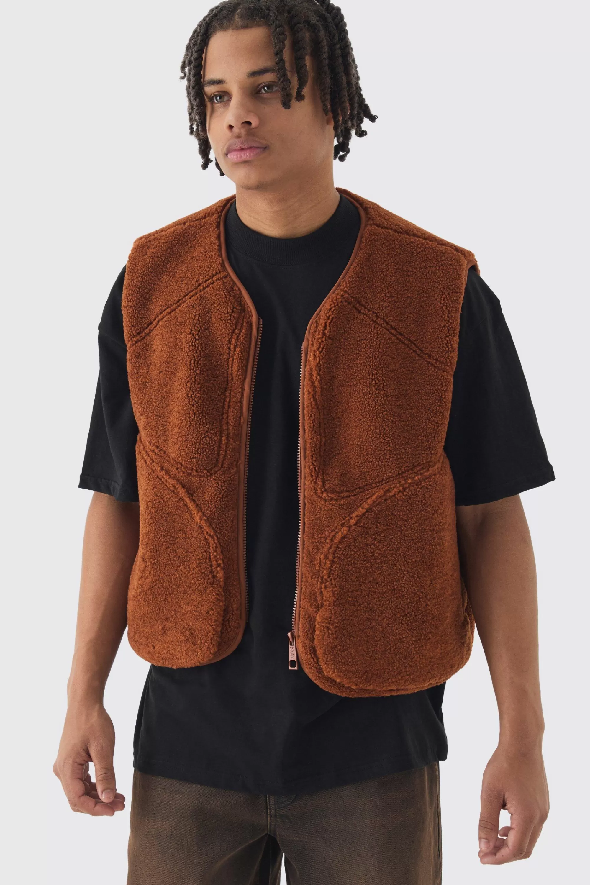 boohooMAN Boxy Borg Pocket Detail Gilet In | UK