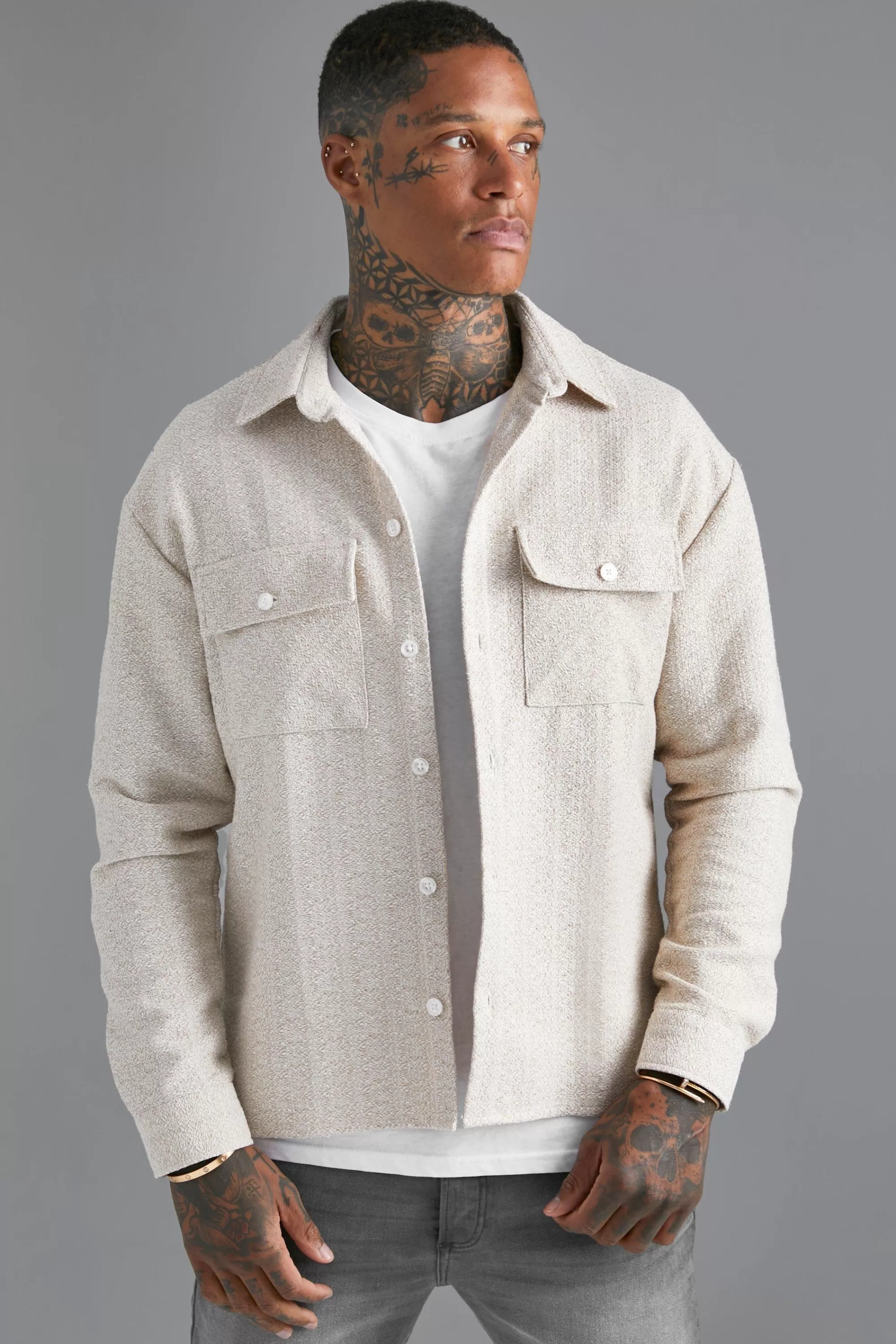 boohooMAN Boxy Boucle Heavyweight Overshirt | UK
