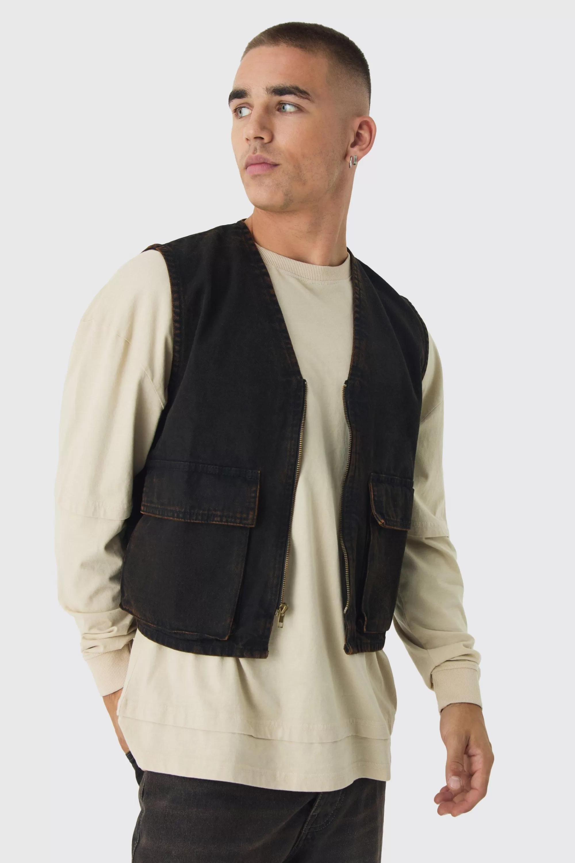 boohooMAN Boxy Tinted Denim Utility Vest | UK