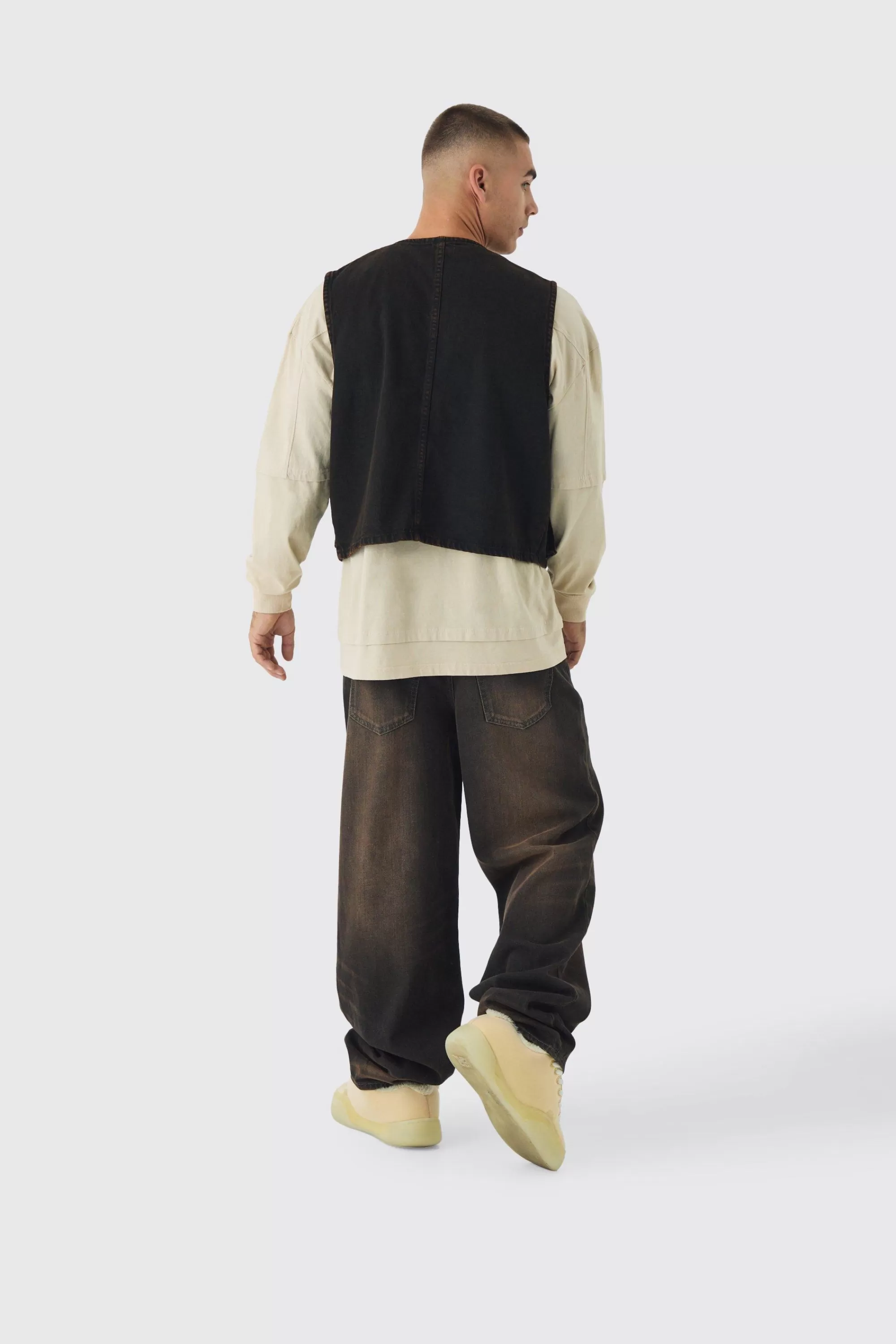 boohooMAN Boxy Tinted Denim Utility Vest | UK