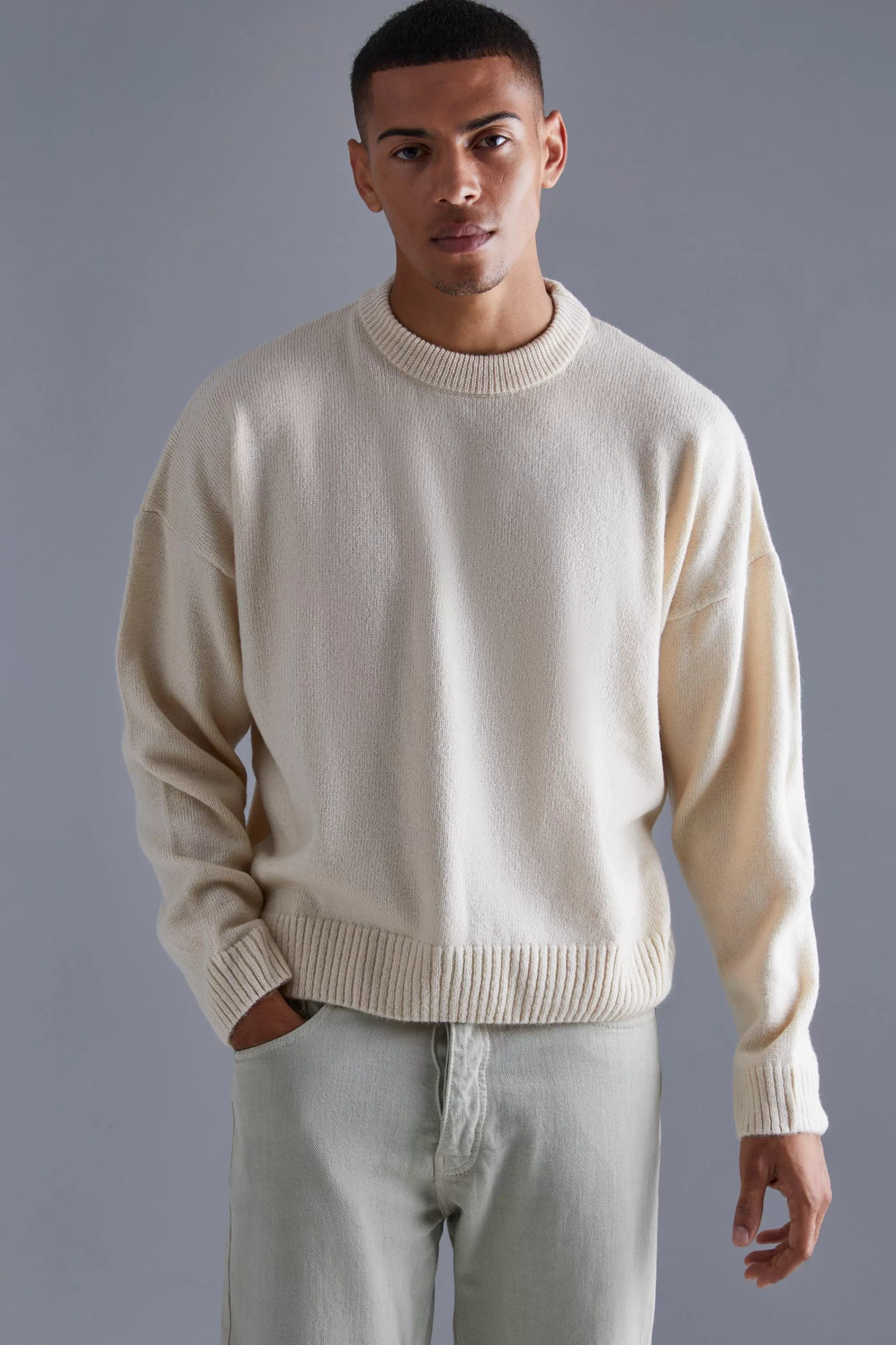 boohooMAN Boxy Brushed Extended Neck Knitted Jumper | UK