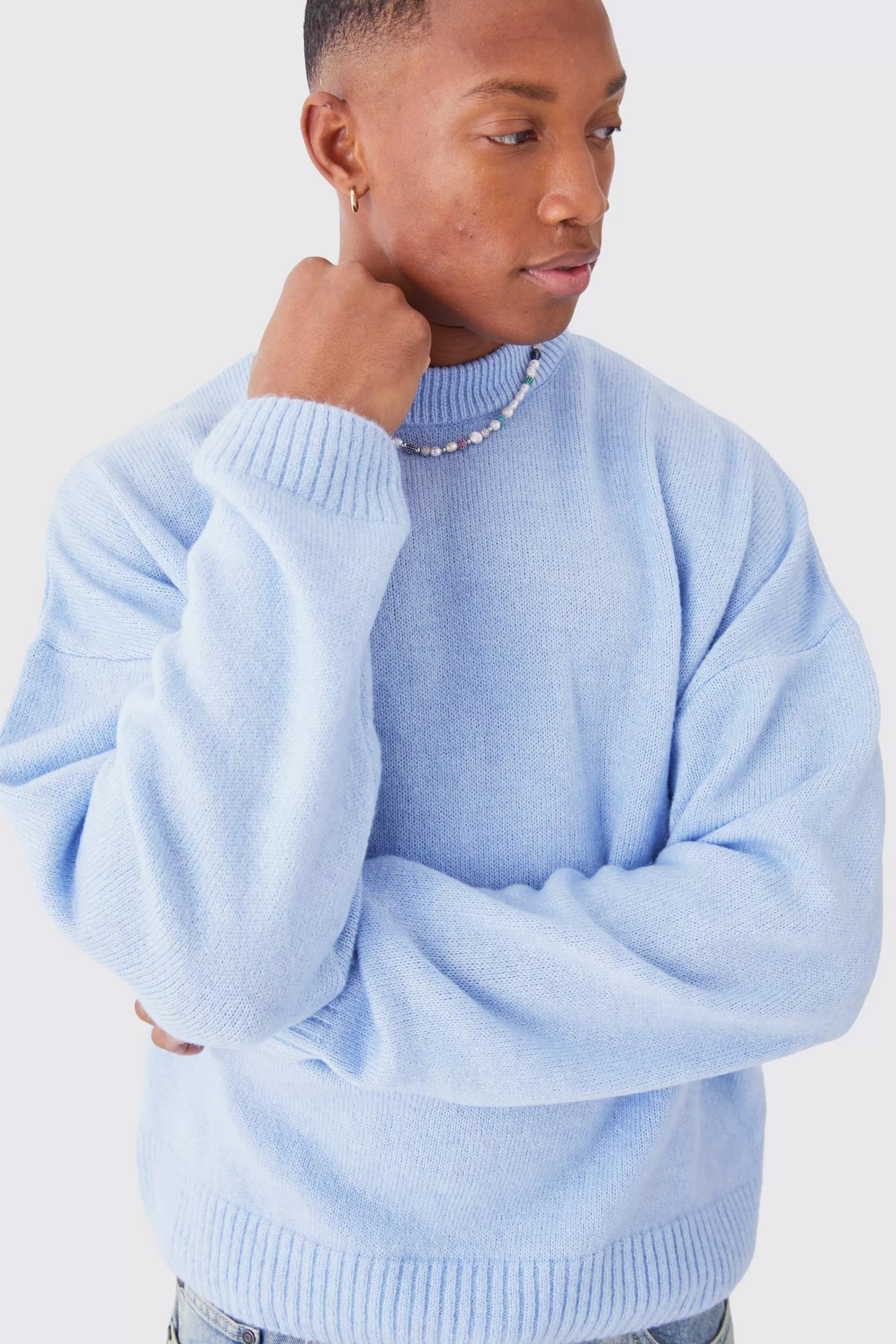 boohooMAN Boxy Brushed Extended Neck Knitted Jumper | UK