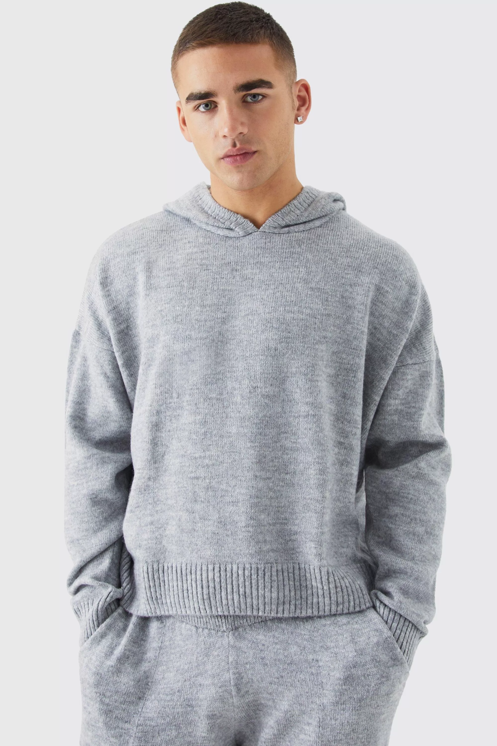 boohooMAN Boxy Brushed Knitted Hoodie | UK