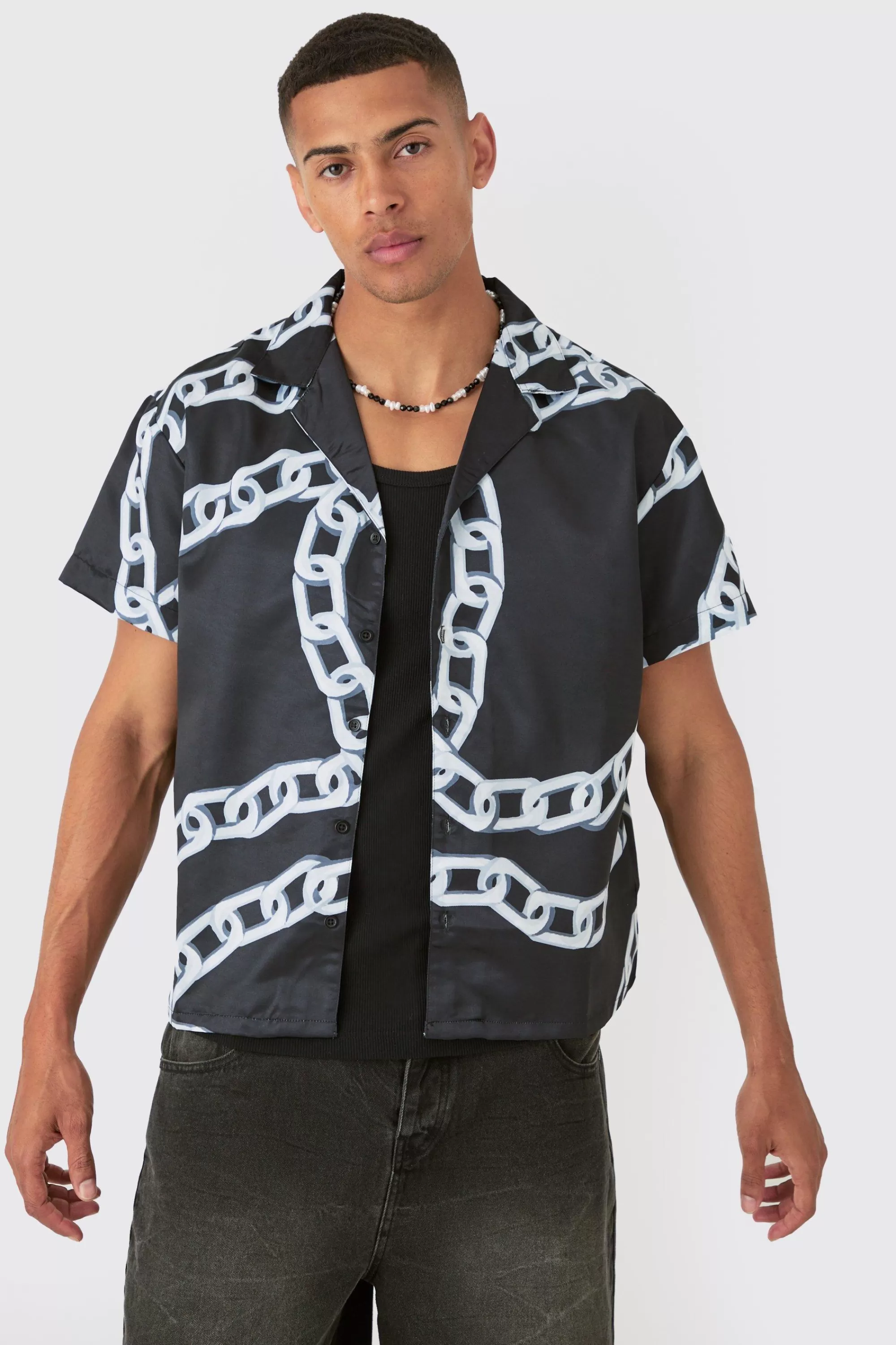 boohooMAN Boxy Chain Satin Shirt | UK