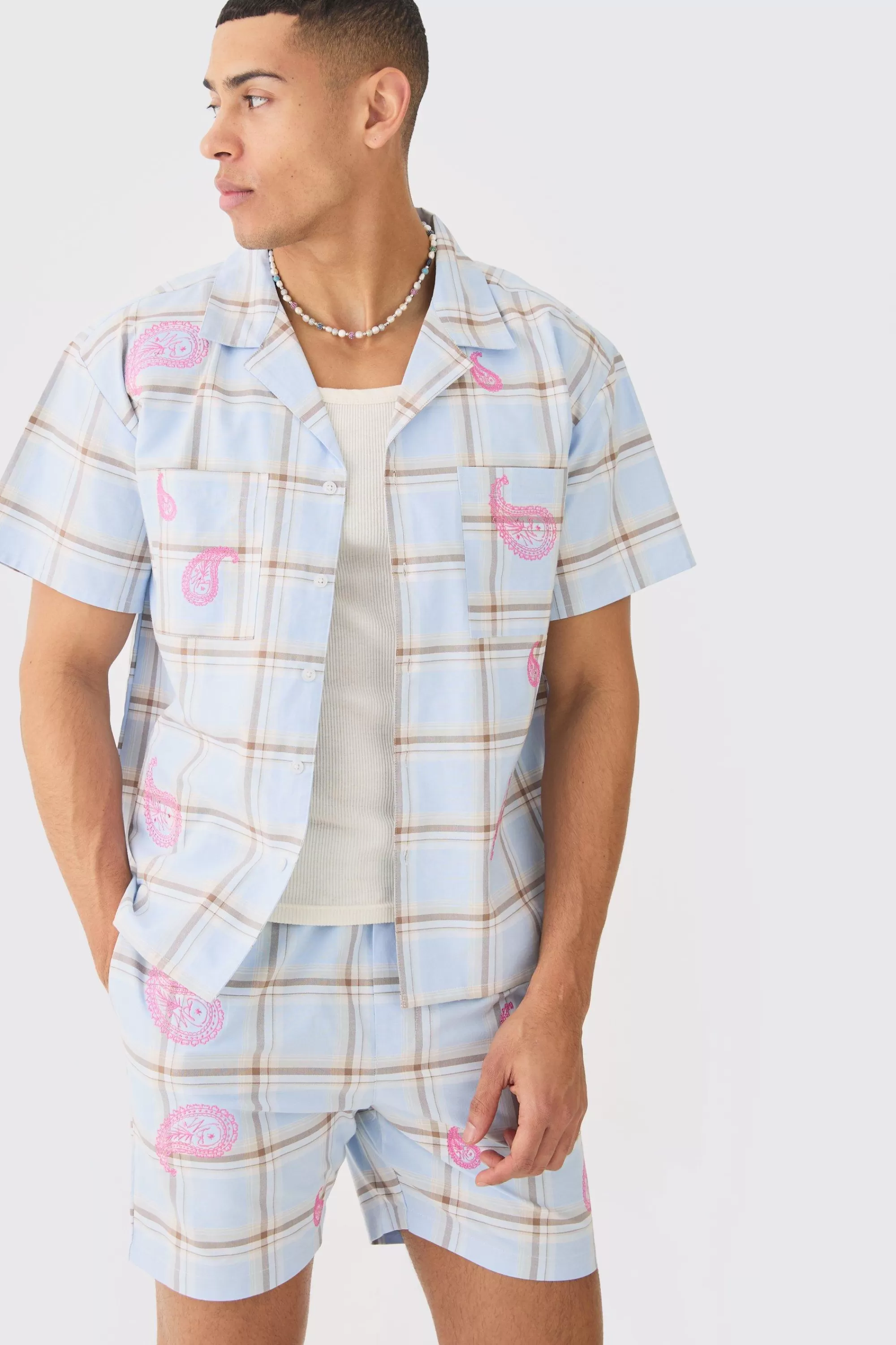 boohooMAN Boxy Check Paisley Embroidered Shirt And Short | UK
