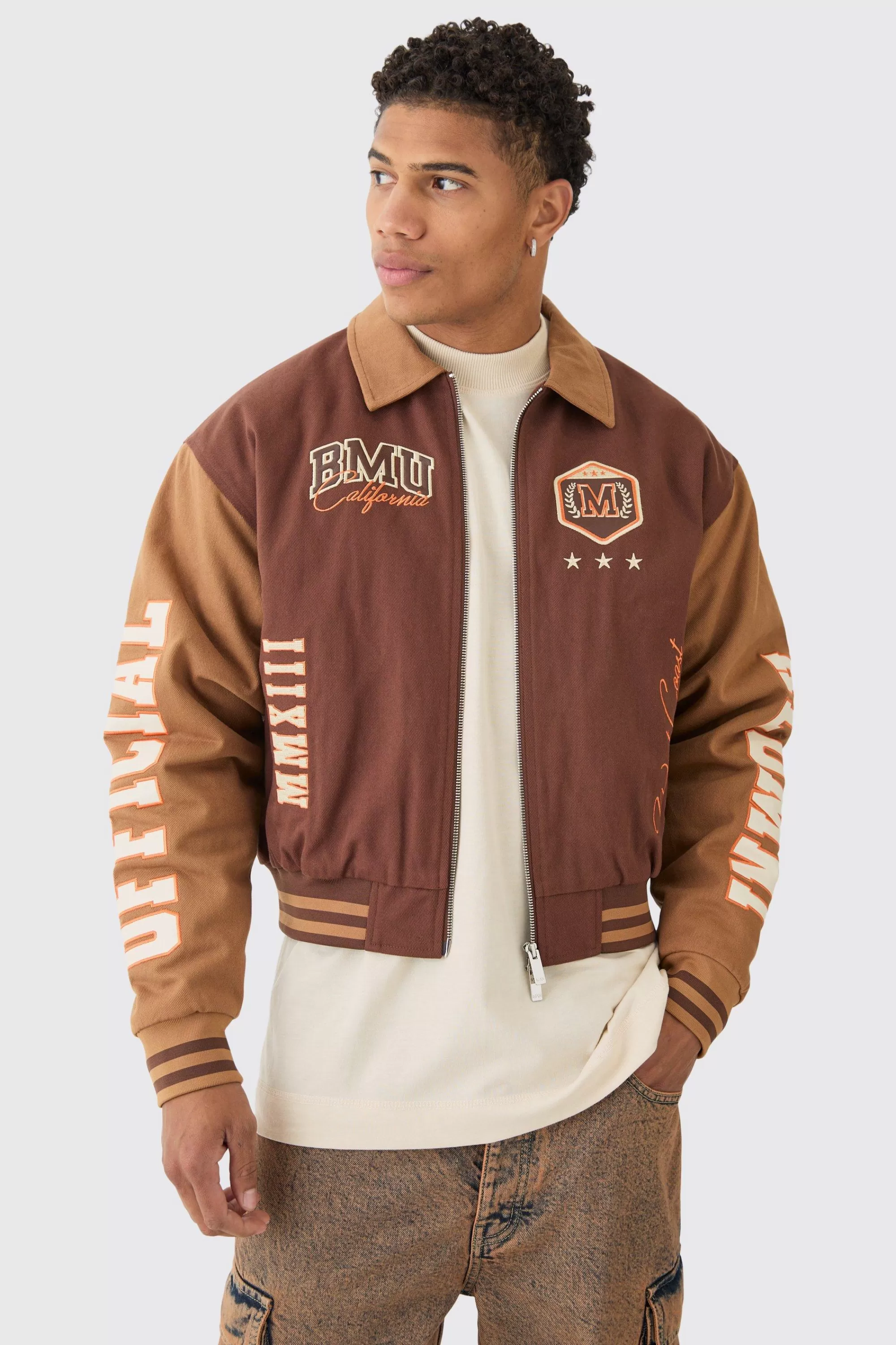 boohooMAN Boxy Collared Twill Varsity Bomber Jacket In | UK
