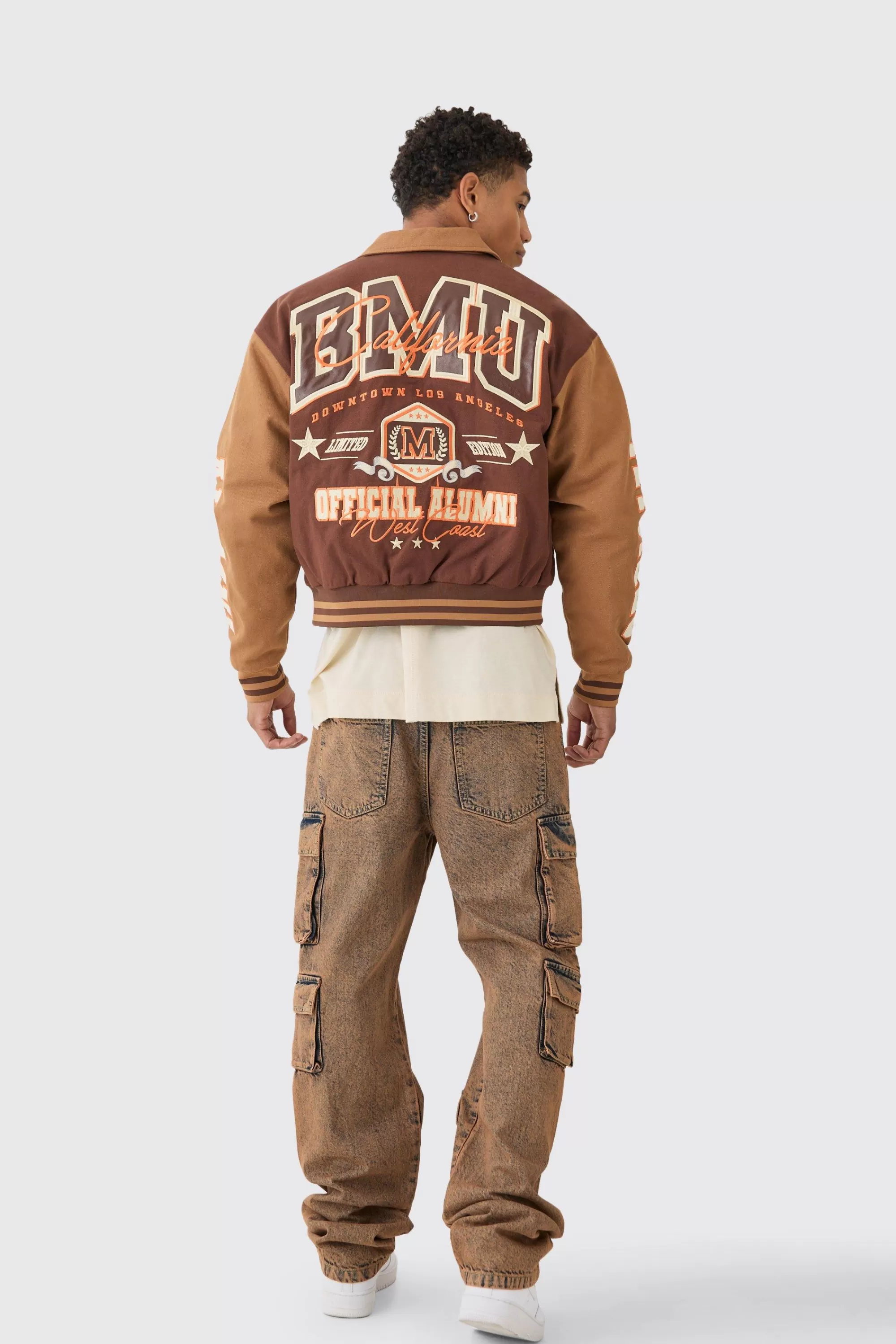 boohooMAN Boxy Collared Twill Varsity Bomber Jacket In | UK