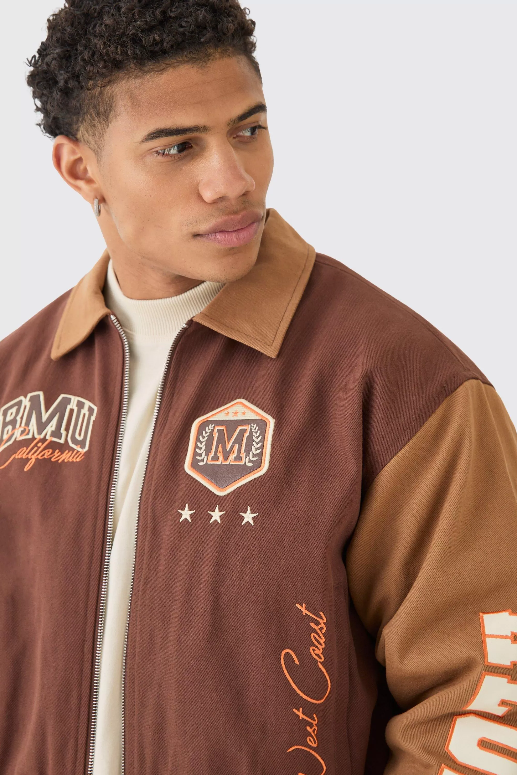 boohooMAN Boxy Collared Twill Varsity Bomber Jacket In | UK