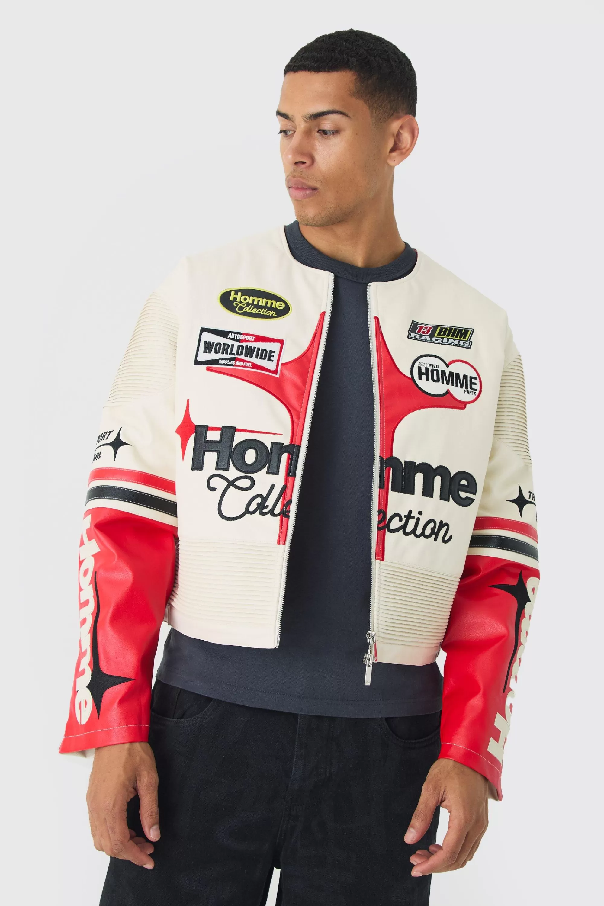 boohooMAN Boxy Collarless Homme PU Moto Jacket In | UK