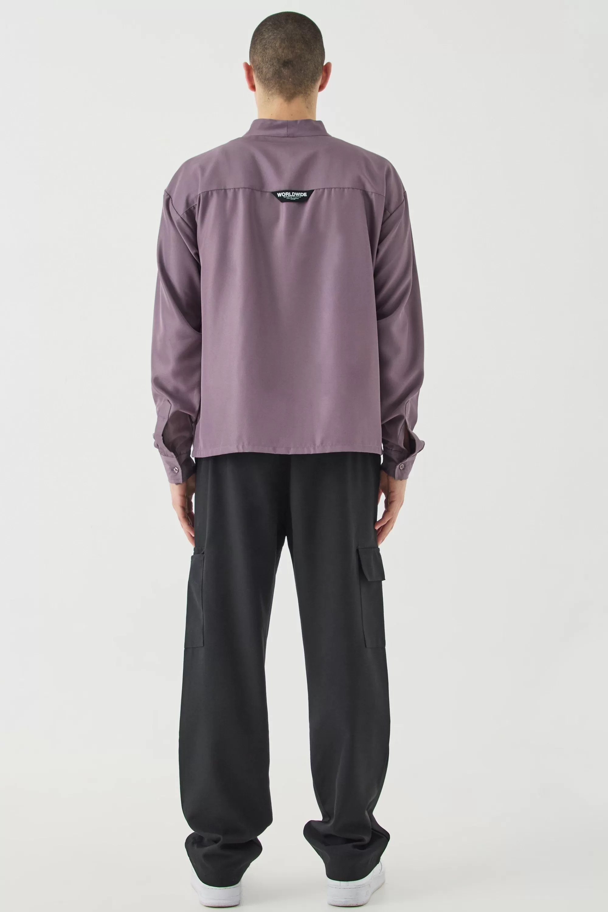 boohooMAN Boxy Collarless Soft Twill Label Shirt | UK