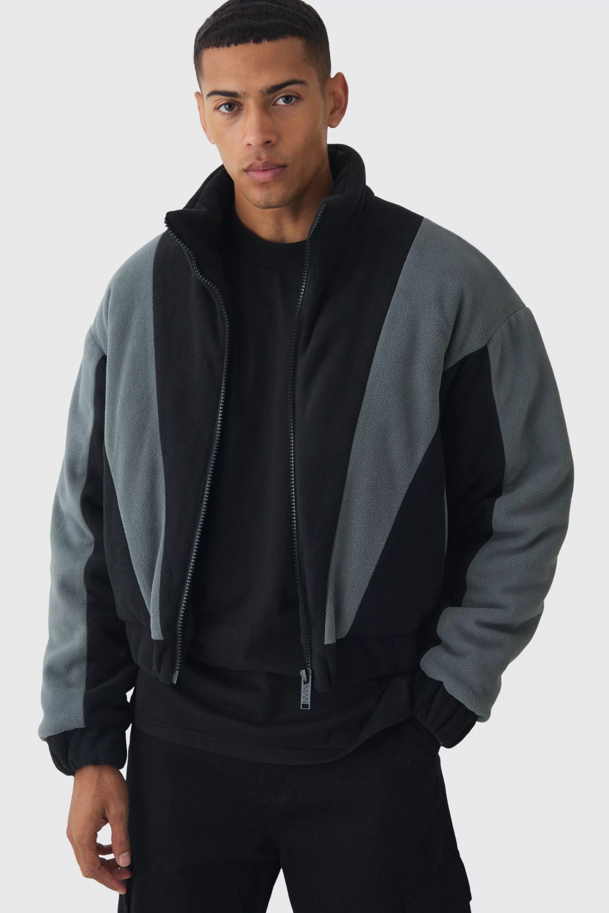 boohooMAN Boxy Colour Block Funnel Neck Fleece Jacket In | UK