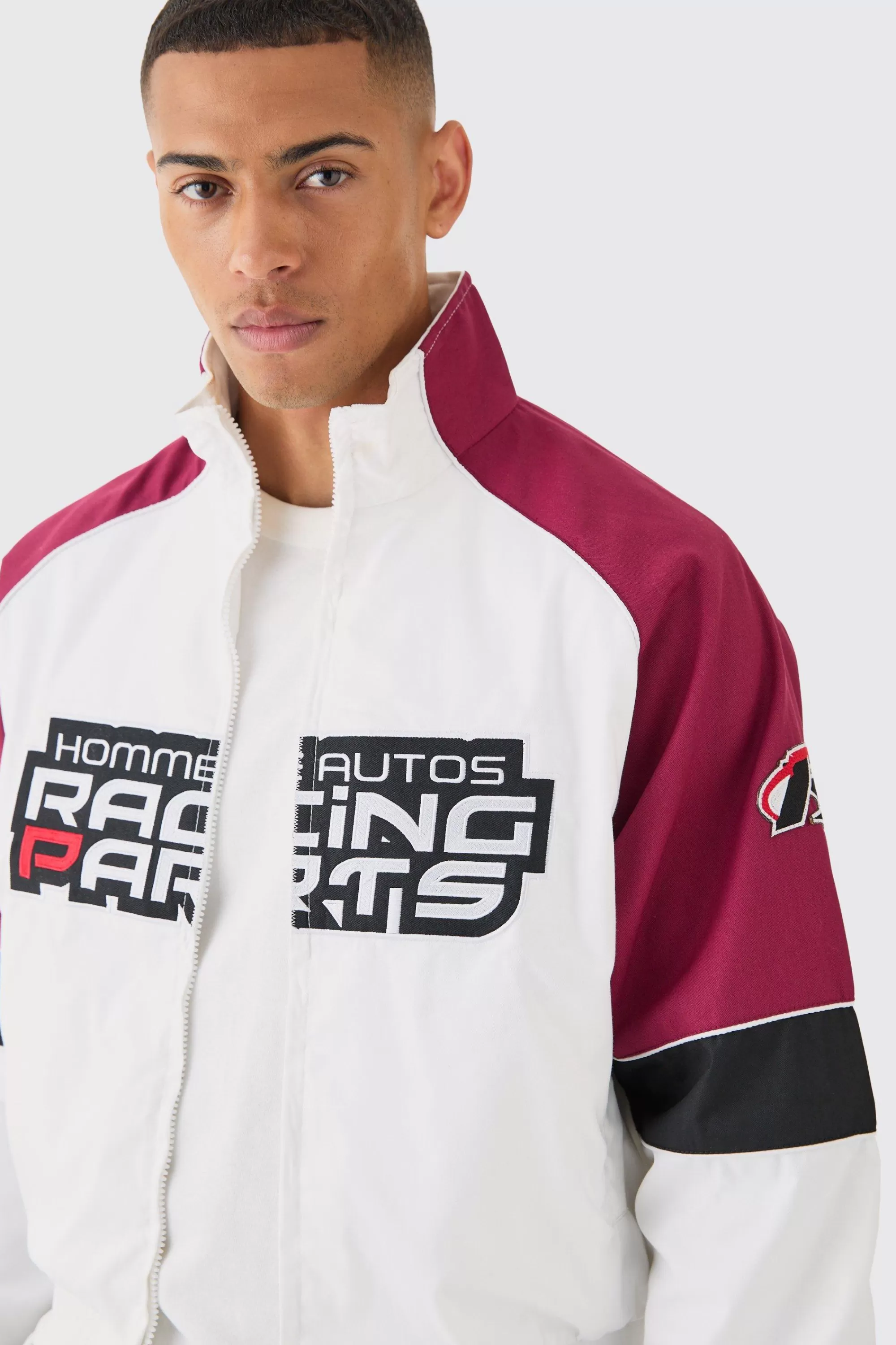 boohooMAN Boxy Colour Block Twill Moto Bomber Jacket In | UK