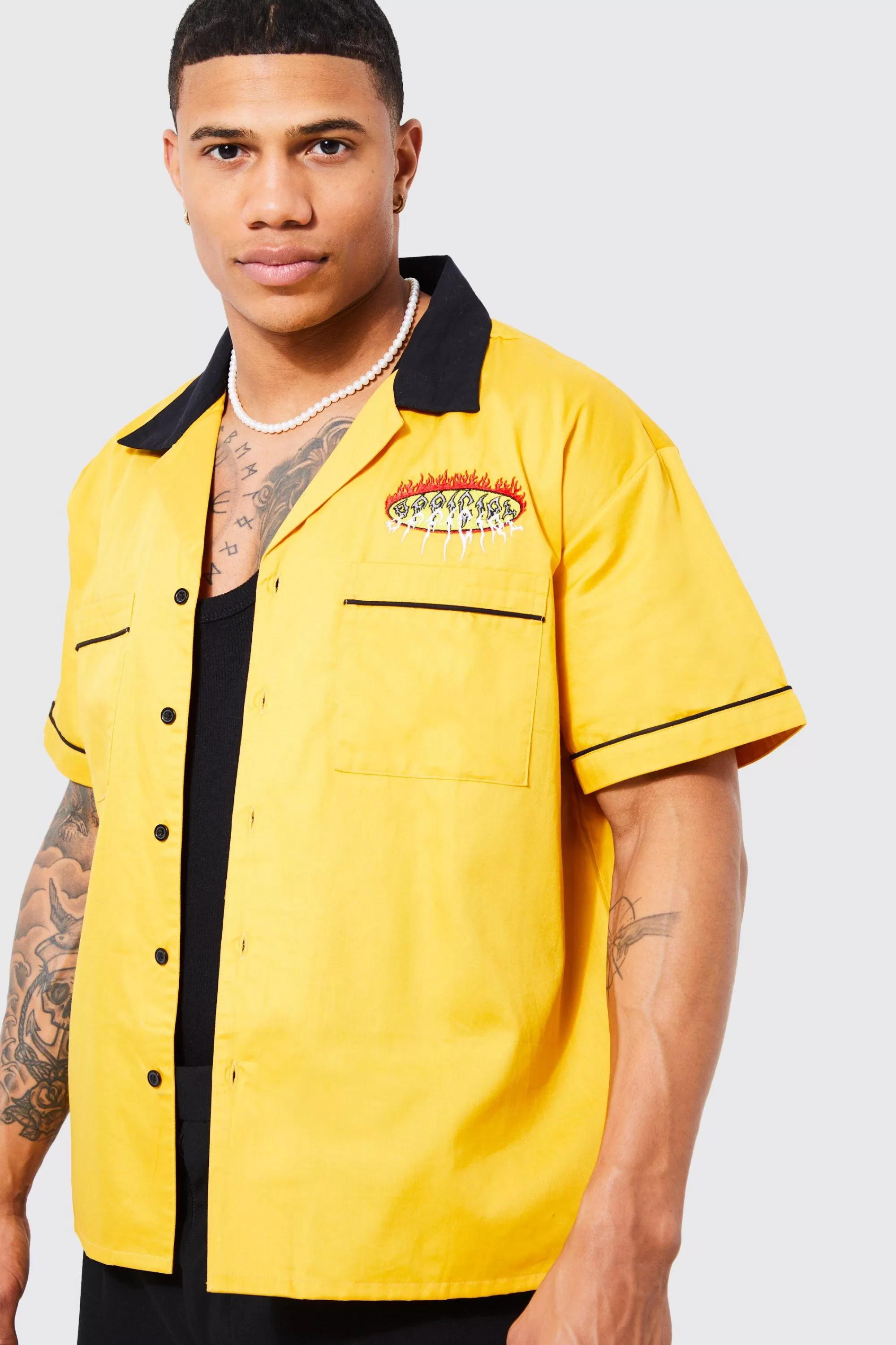 boohooMAN Boxy Cotton Official Embroidered Shirt | UK