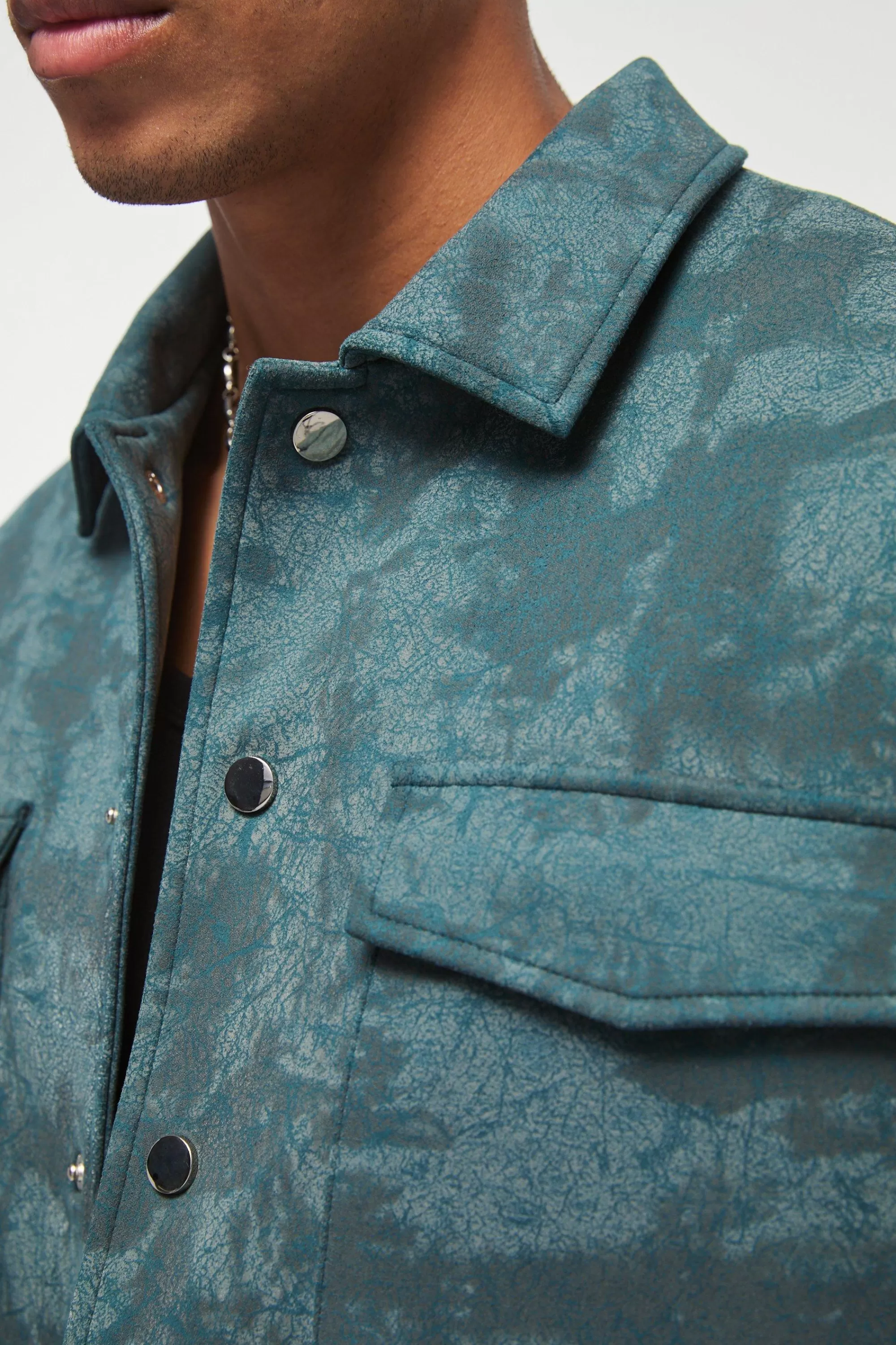 boohooMAN Boxy Cracked Effect Faux Suede Harrington In | UK