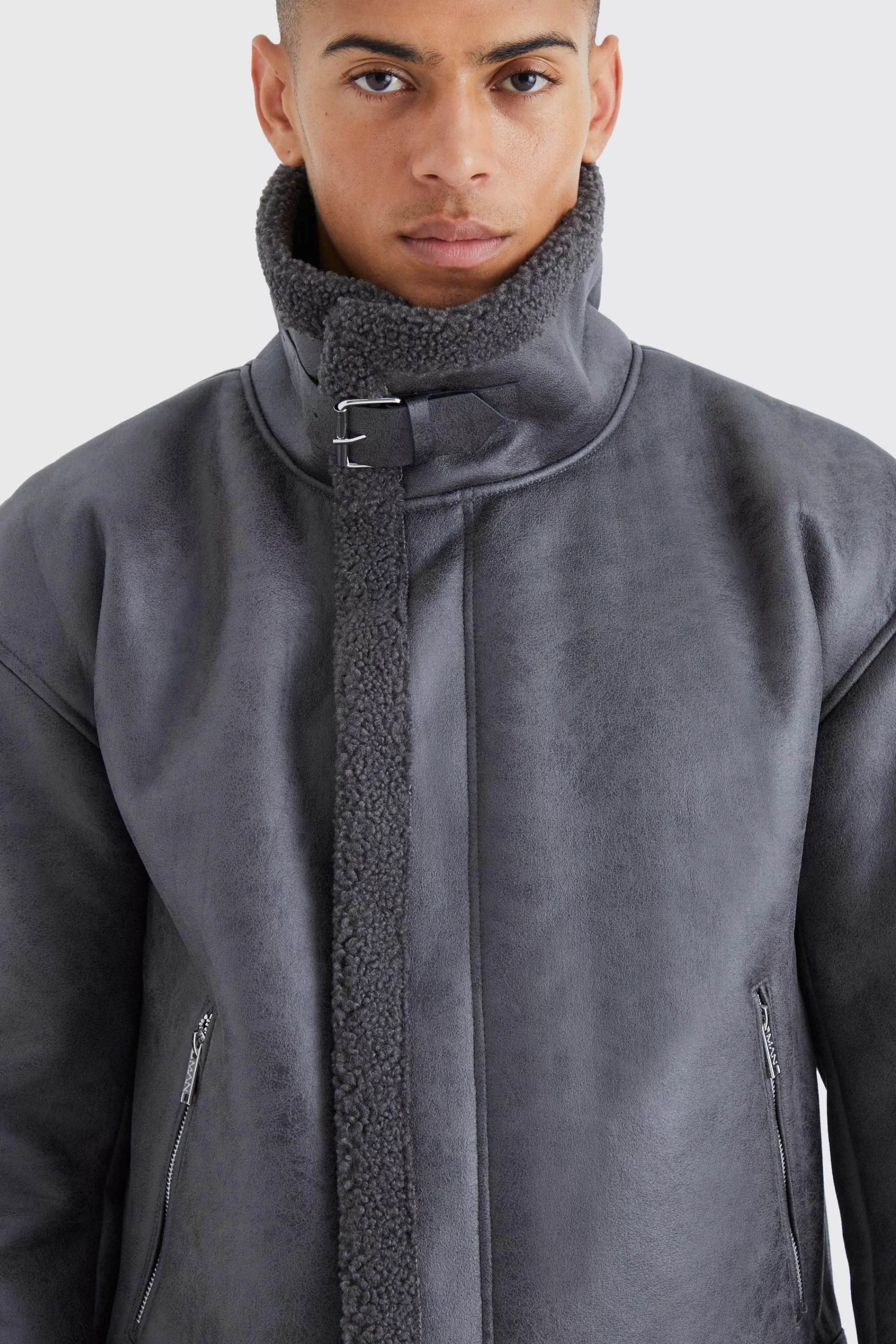 boohooMAN Boxy Cracked Pu Aviator | UK