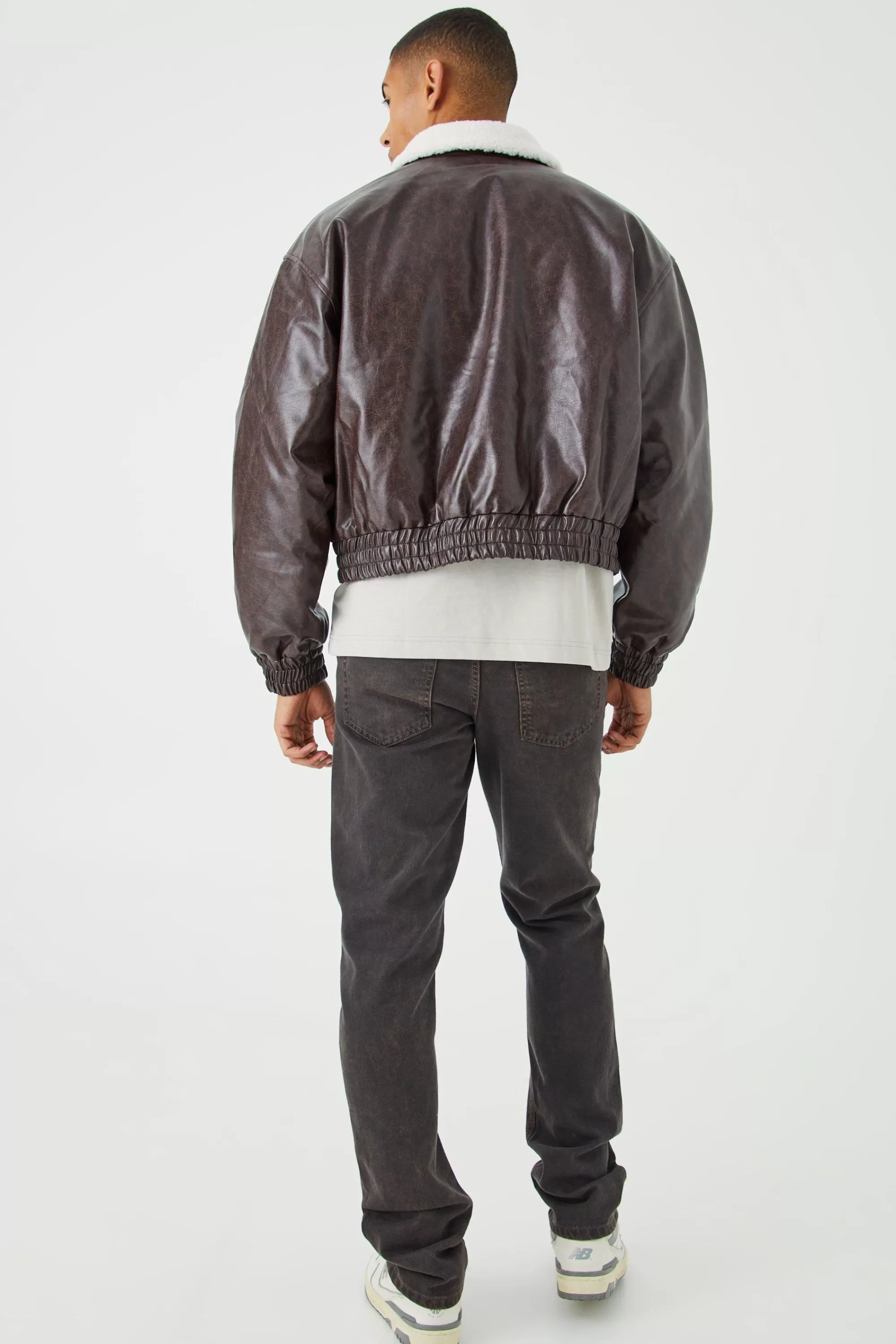 boohooMAN Boxy Cracked Pu Aviator With Borg Collar | UK