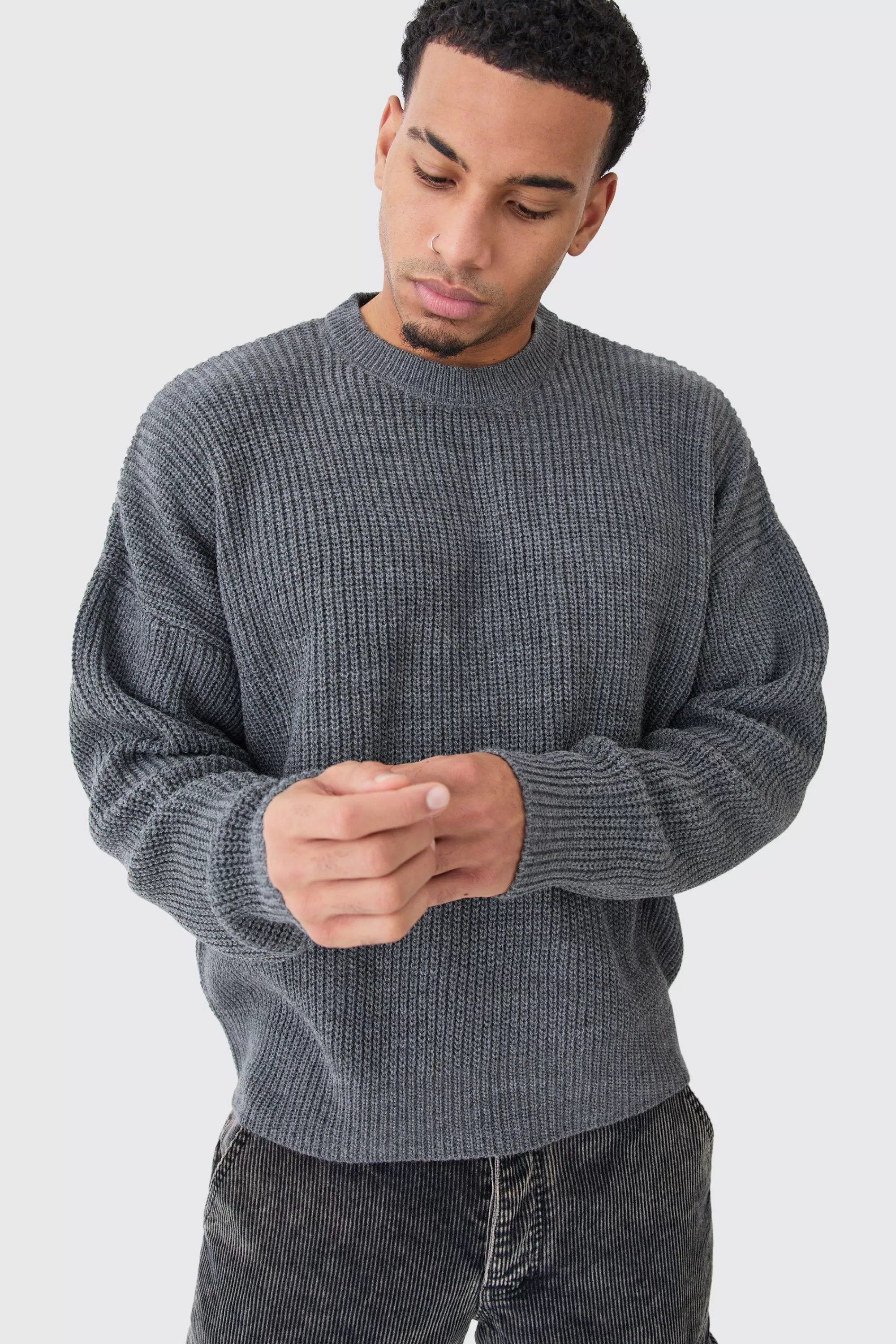 boohooMAN Boxy Crew Neck Ribbed Knitted Jumper | UK