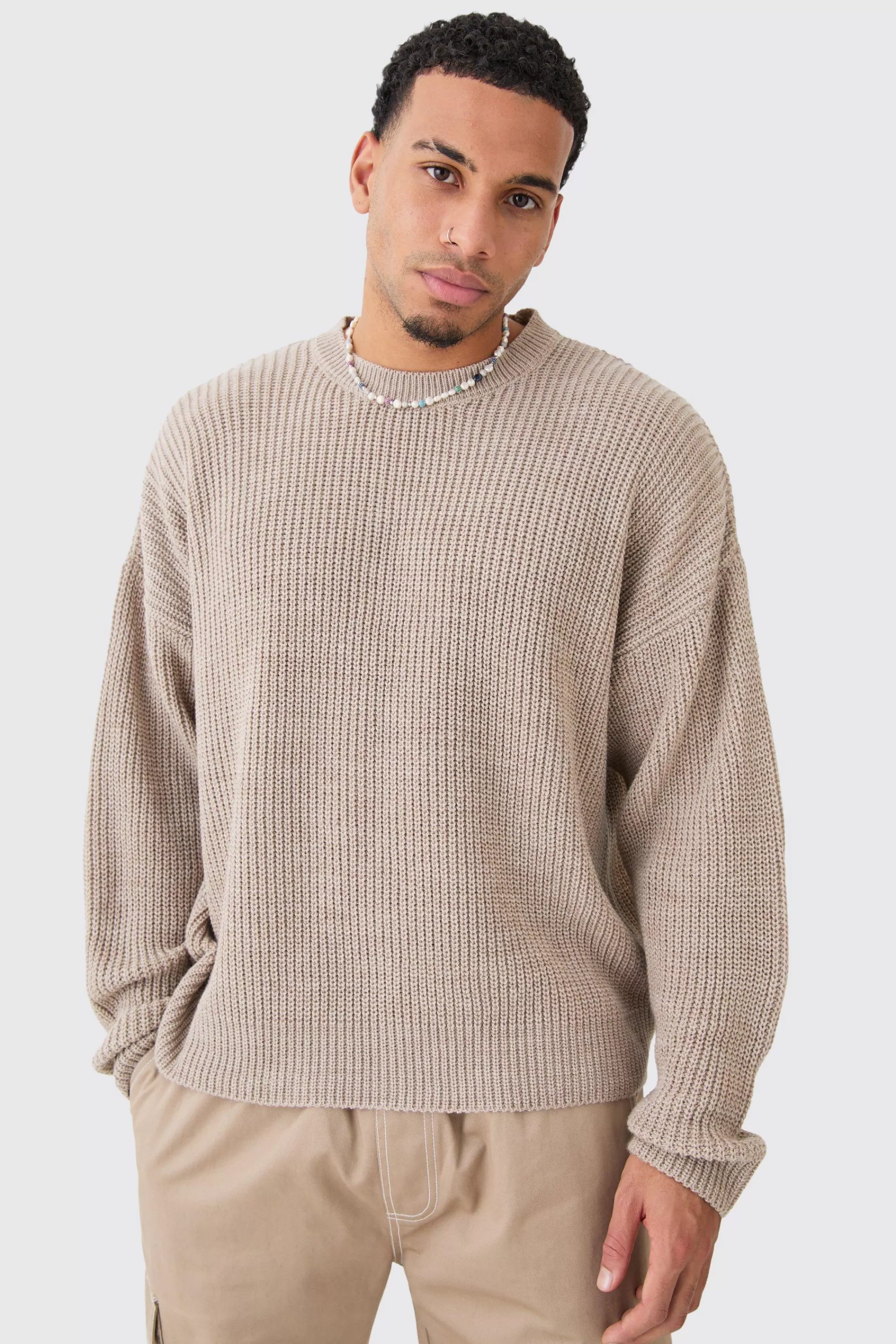 boohooMAN Boxy Crew Neck Ribbed Knitted Jumper | UK