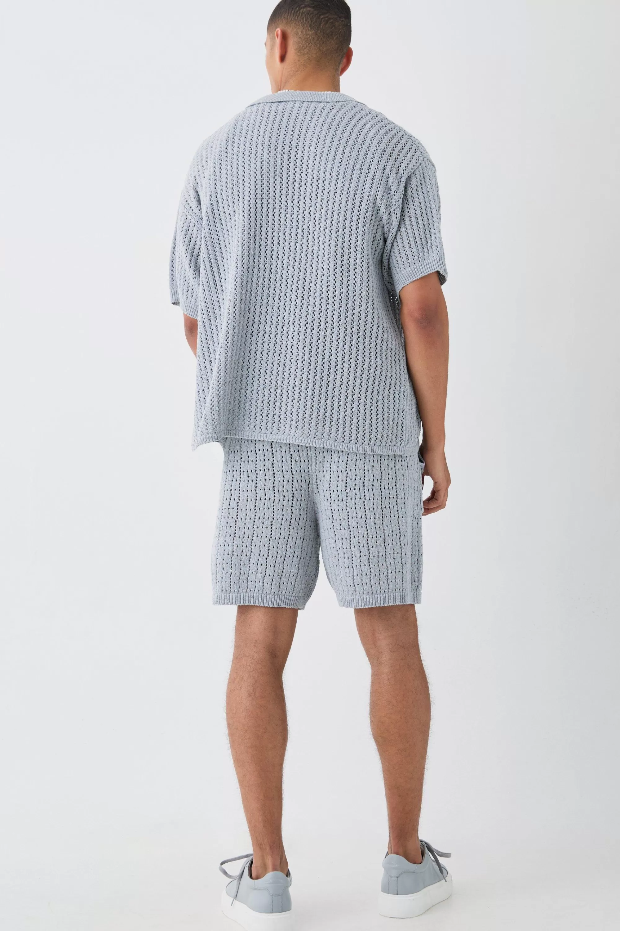 boohooMAN Boxy Crochet Open Knit Revere Shirt In | UK
