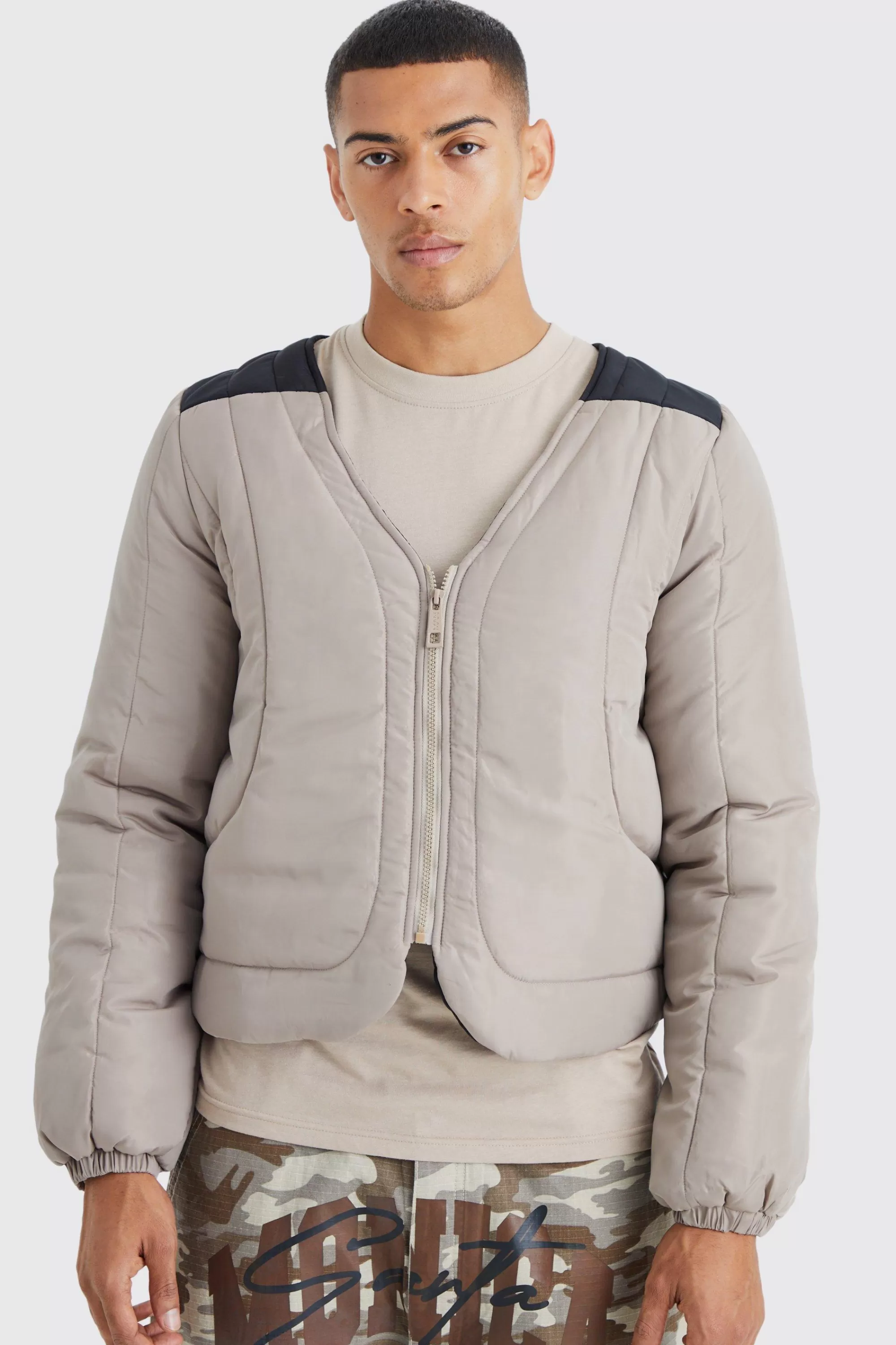boohooMAN Boxy Curved Quilted Puffer | UK